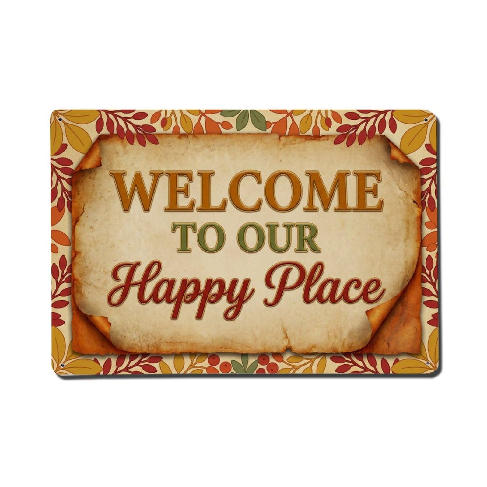 Welcome To Our Happy Place Barberry Garden 1 Metal Tin Sign Plaque Wall Decor for Cafe, Club Bar, Office, Home Garden Metal Poster 8x12Inch