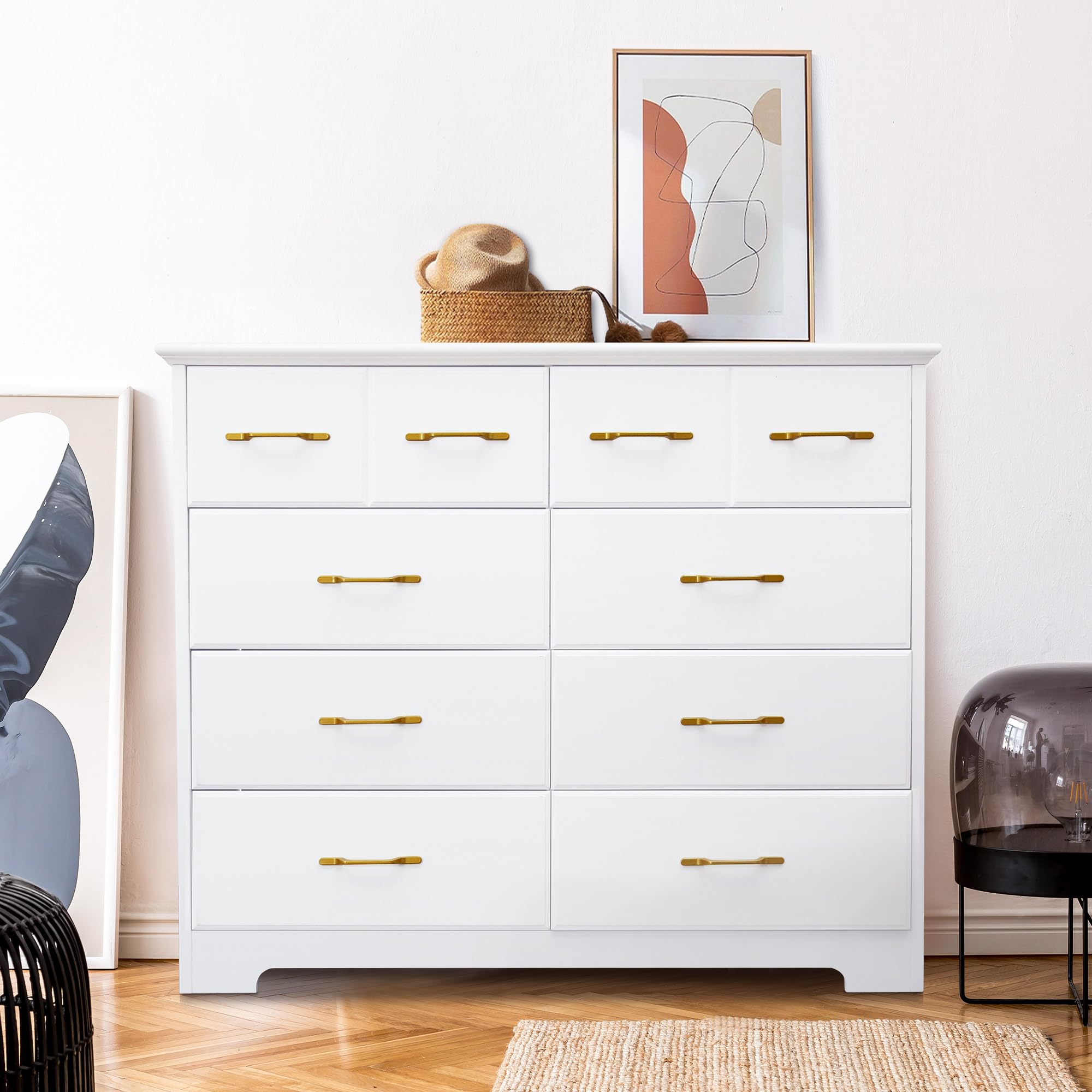 8 Drawer Dressers for Bedroom, Large White Dresser, 40 Inch Wide Dresser, Mid Century Modern Dresser with Gold Hardware, Wooden Chest of Drawers. Cream White