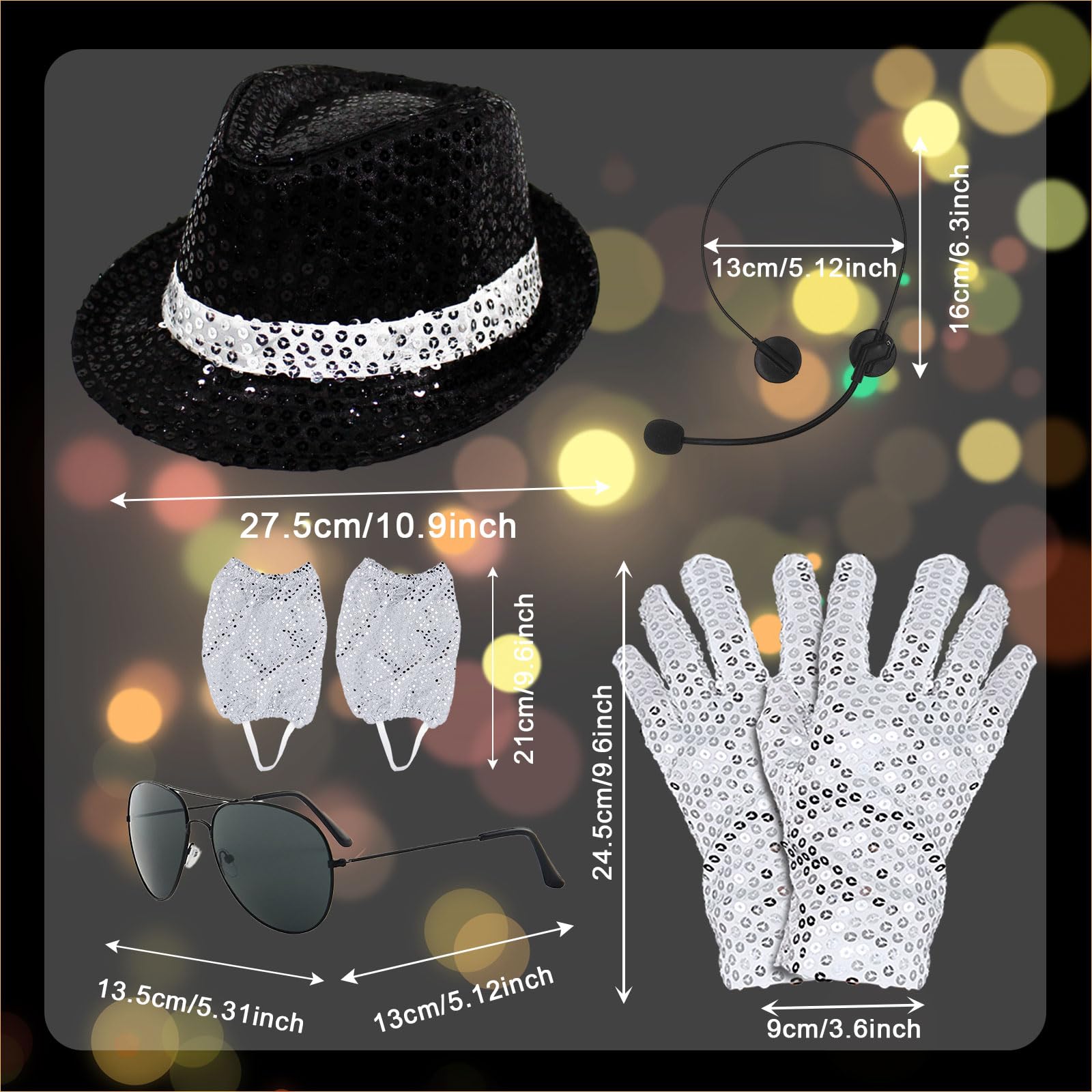 TUONYIS 7 Pcs Jazz Dance Costume Accessories, Sequins Gloves Sequin Hat Head Microphone Sunglasses Sequin Sock - Image 2