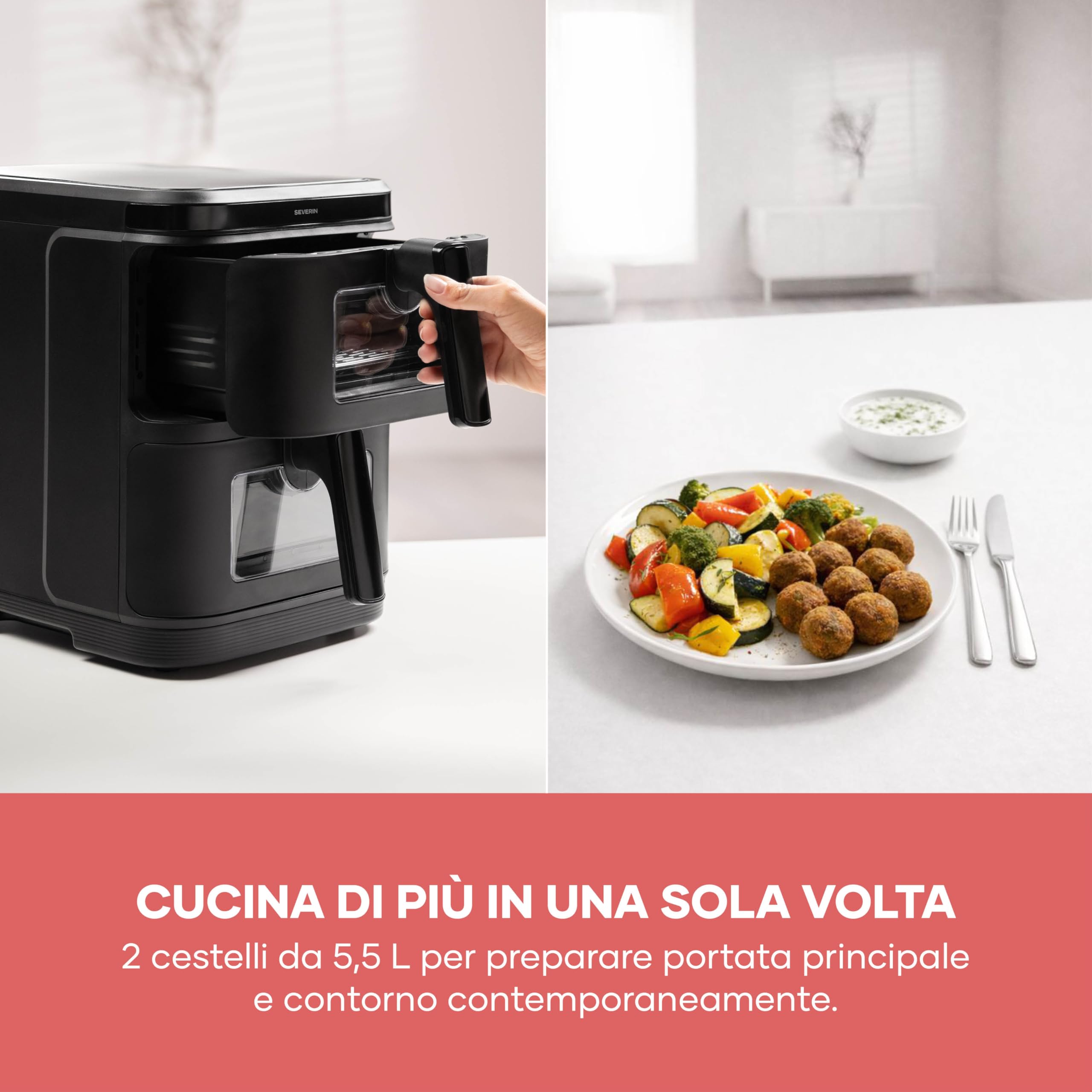 SEVERIN Friggitrice ad Aria Calda Duo Stack, 2800 W, Capacità 11 L (2x 5,5 L), Salvaspazio Verticale, 9 Programmi Automatici, Sync Cook e Finish, S-Fry, Nero - FR 9598