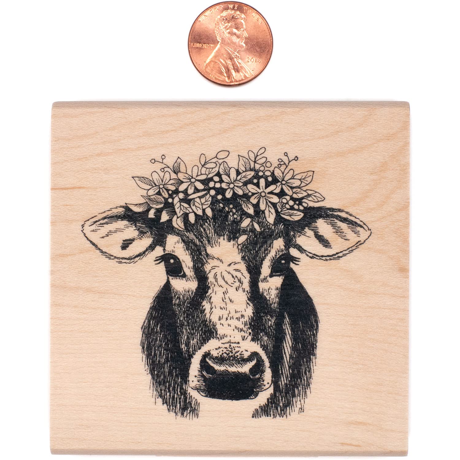 Inkadinkado 60-01738 kwiatowa krowa, drewniana pieczątka gumowa do sztuki i rzemiosła, 5 cm x 5 cm