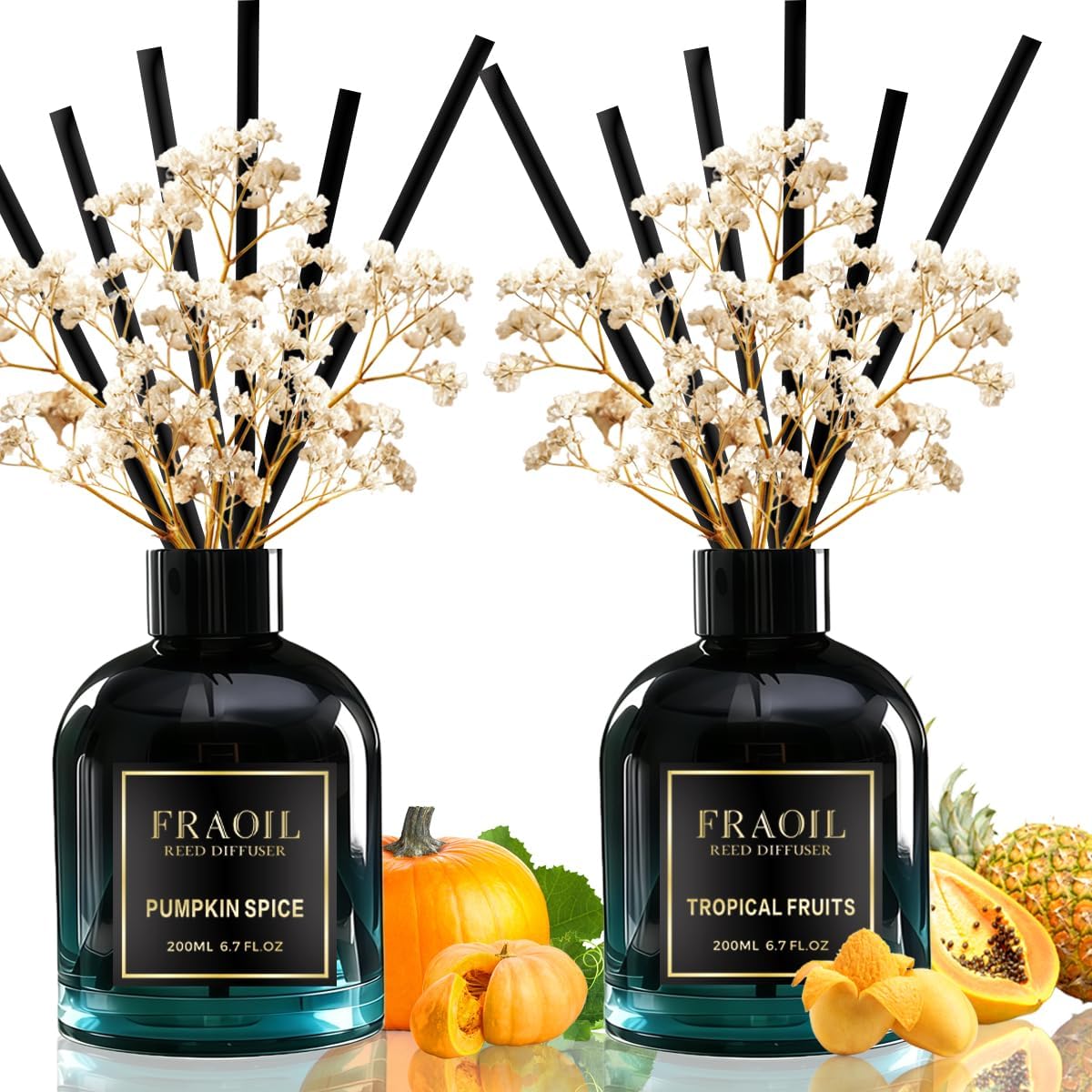 Pumpkin Spice and Tropical Fruits Reed Diffuser Set 6.7 fl oz (200 ml) with 6 Reed Sticks, Home Fragrance Reed Diffuser for Bathroom Shelf House Bedroom Office Decor