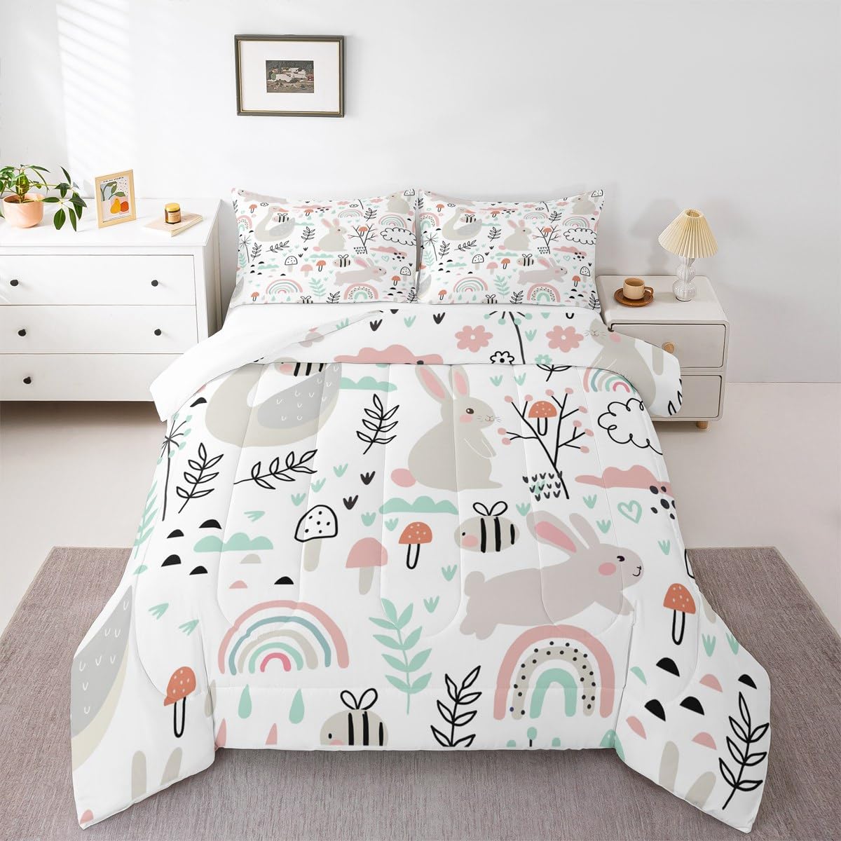 Feelyou Cartoon Goose Bunny Comforter Set Twin, Cute Rabbit Comforter Set Cartoon Rainbow Comforter Botanical Leaves and Flowers Duvet Set Lightweight Quilt Set