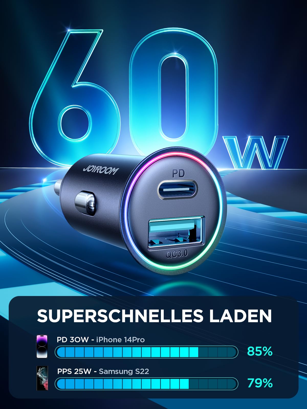 JOYROOM Ładowarka samochodowa 60W PD&QC 3.0 Mini metalowa przejściówka z kablem ładującym USB/C na C o długości 1,5 m Ładowarka samochodowa USB C z lampką LED do iPhone 14 13 12 Pro Max, Samsung, iPad