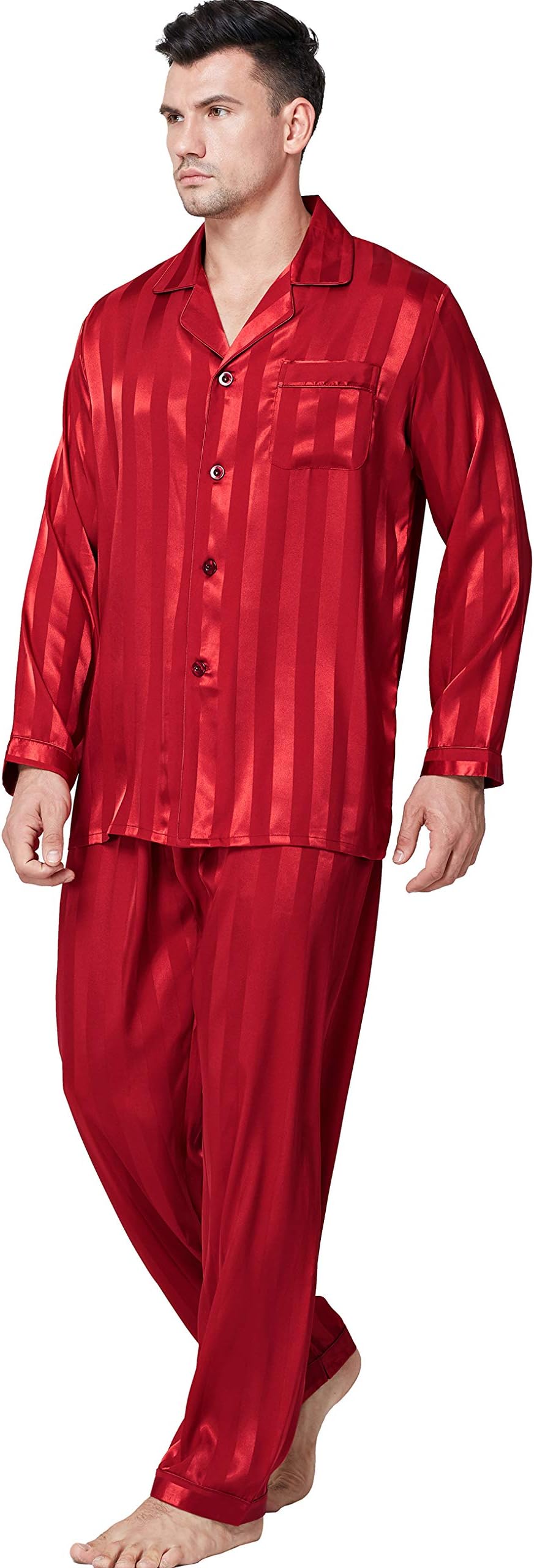 Lonxu Pajamas Set Mens Silk Satin Pajamas Long Sleeve Loungewear Two-Piece Sleepwear Button-Down Pj Set S-XXXXL