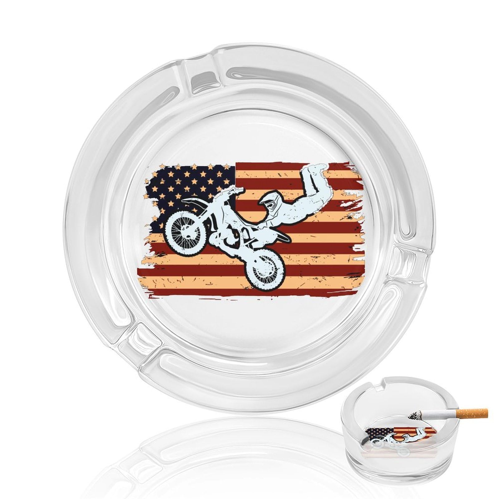 Motocross Dirt Bike USA Americans-Flag Ashtray Portable Round Glass Outdoor Ash Tray for Home Office Garden Pub