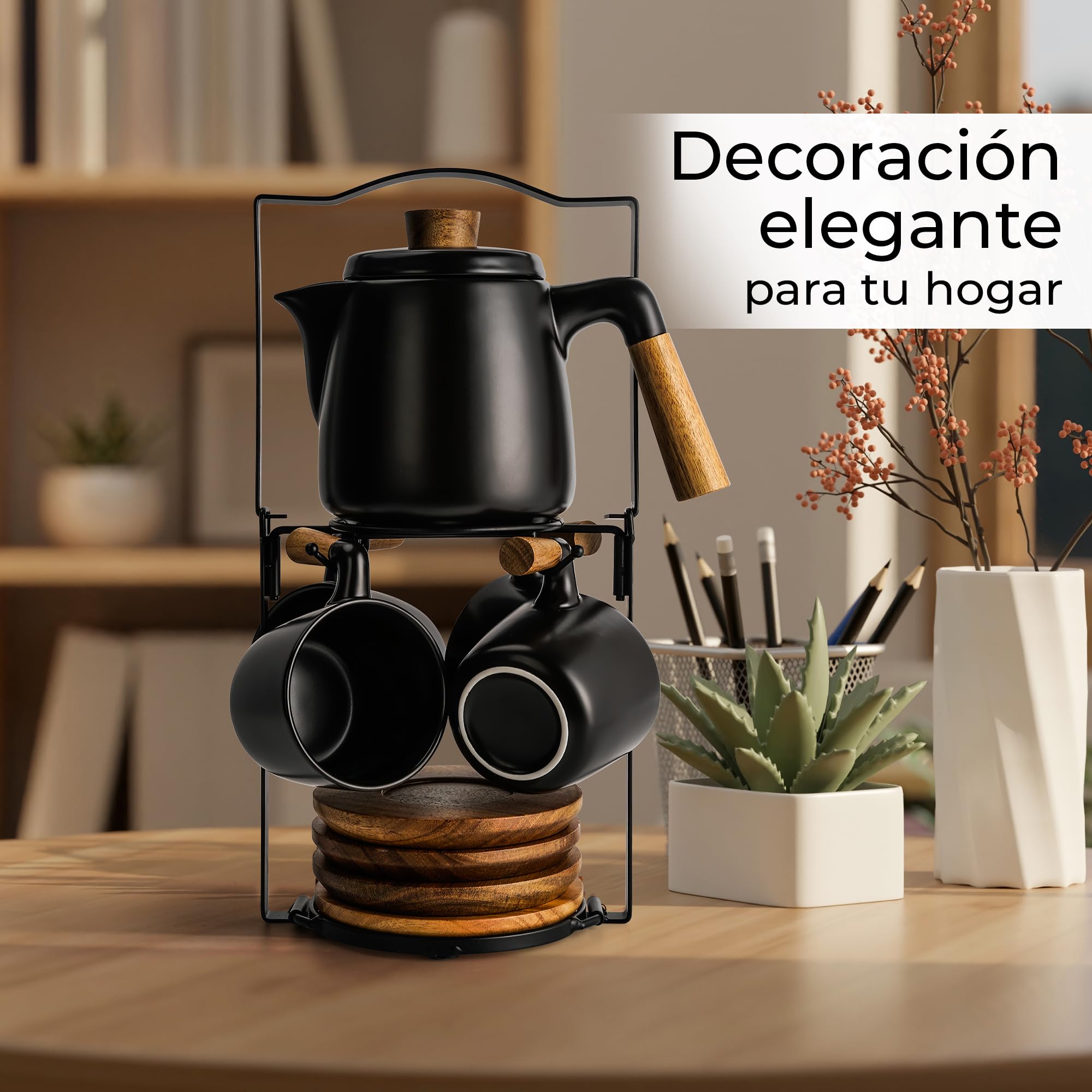 MIAMIO – Juego de tetera de cerámica de 1000 ml con infusor y tazas/colador de té, 4 tazas de té de cerámica (300 ml), platitos de bambú/asa para el hogar y el despacho (Negro)