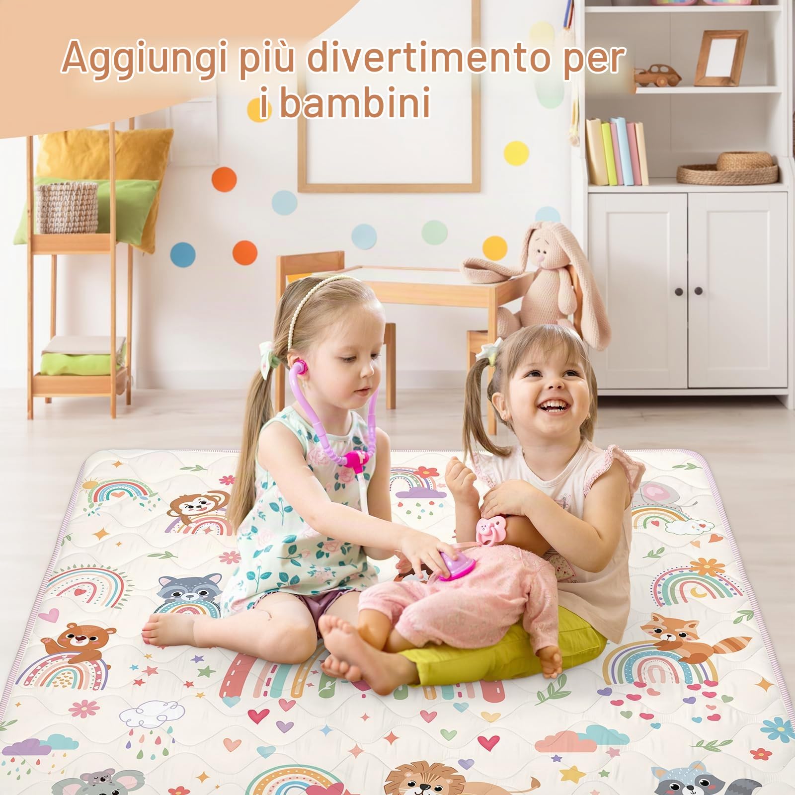 decalsweet Tappeto Gioco Bambini 127×127cm, Addensato 2cm Gioco Neonato, Antiscivolo Cameretta Bambina & Bambino, Pieghevole Tappeto Tummy Time Neonati (Animali Arcobaleno)