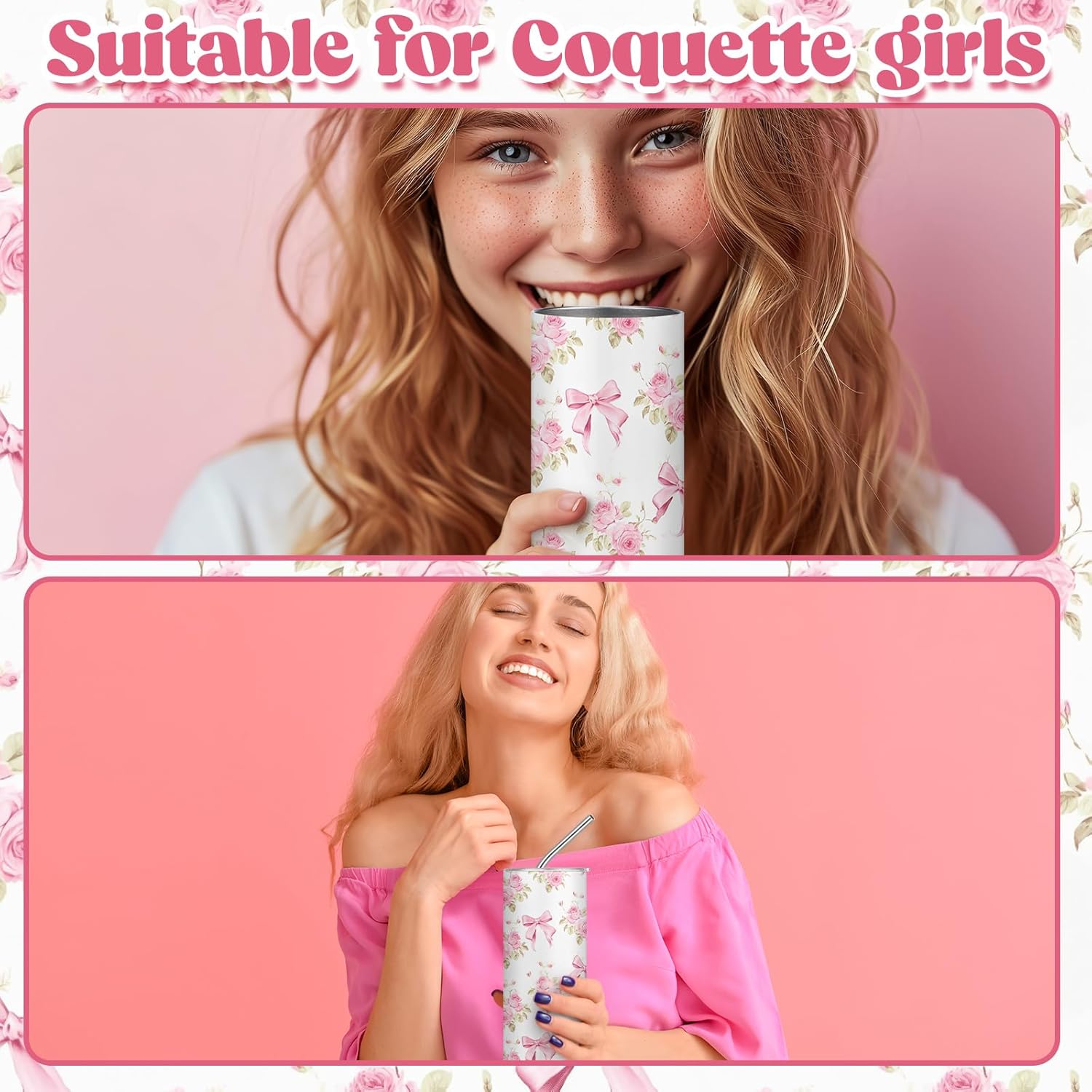 Geiserailie Coquette Pink Bow Tumbler 20oz Vintage Bow Floral Stainless Steel Coffee Cup with Lids and Straws Back to School Gifts Aesthetic Flower Tumbler for Women Friend Birthday Party - Image 3