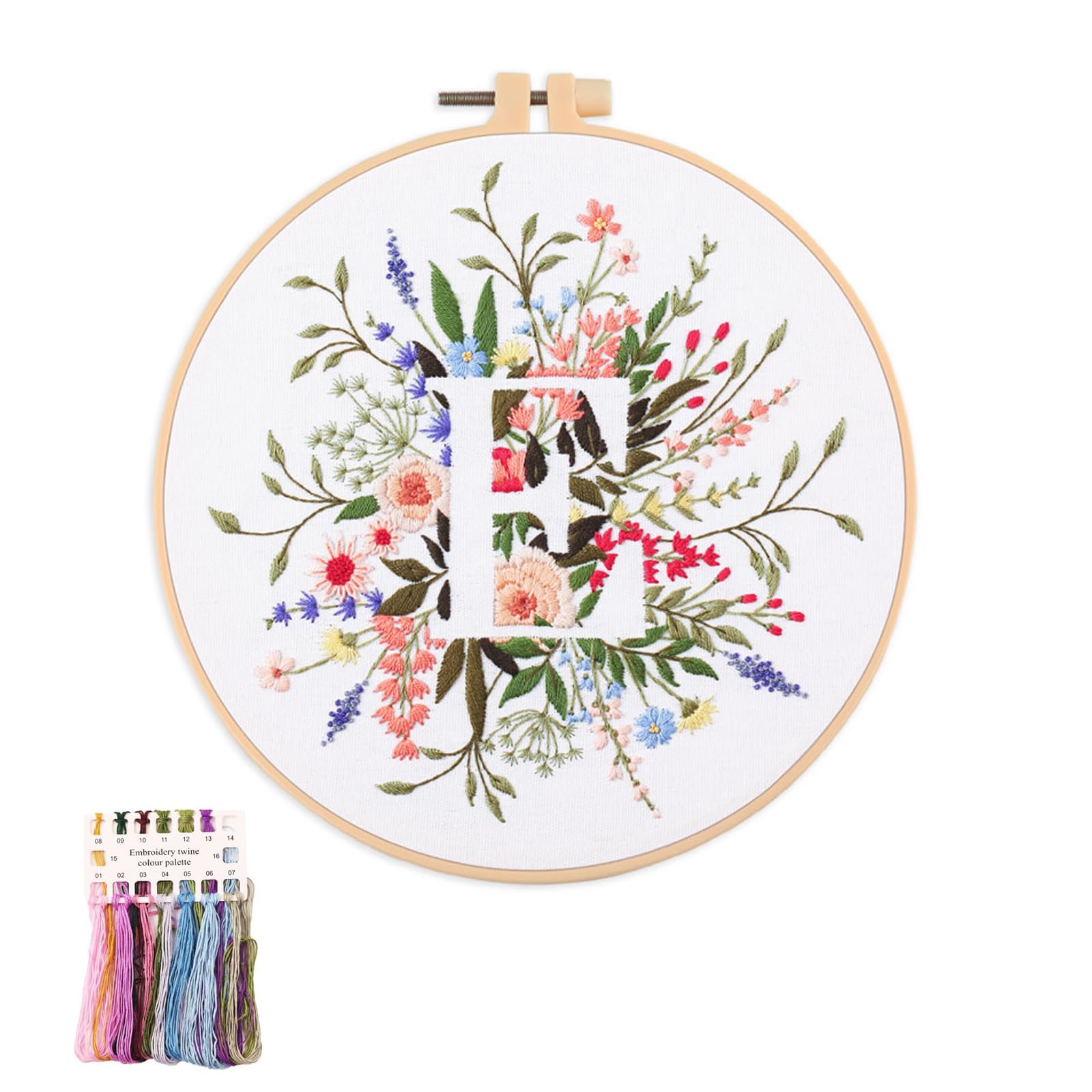 artcici Embroidery Kits Plant Flower Leaf English Letter Patterns for Beginners Adults, Full Range Embroidery Starter Kits Cross Stitch Needlework Supplies (Letter E)