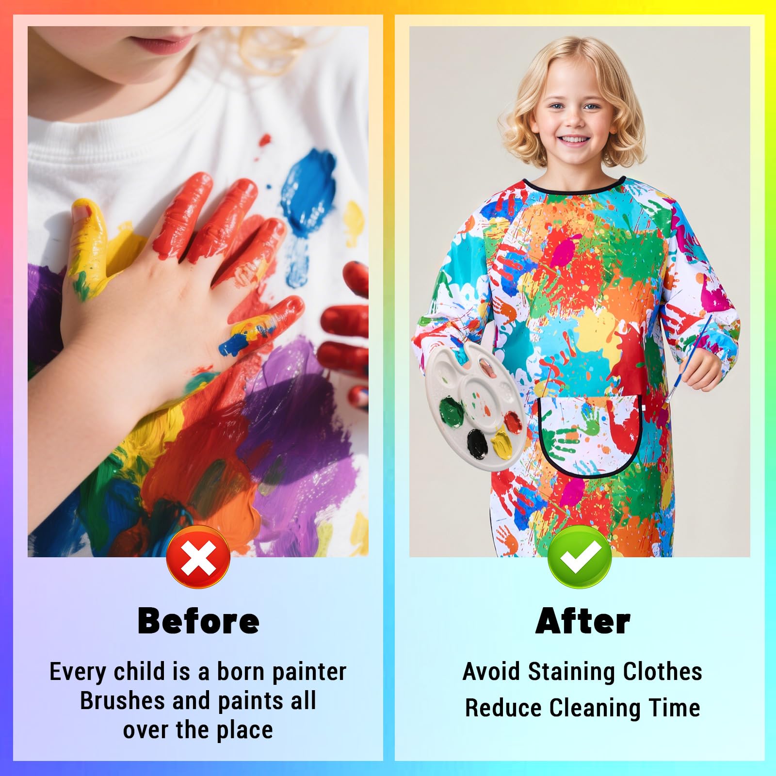 COSBERY 2Pcs Kids Painting Apron for Age 7-12 Years, Waterproof Children's Art Craft Aprons with Large Pockets, Long Sleeve for Painting,Cooking,Eating, Lovely and Colourful Smocks - Image 3