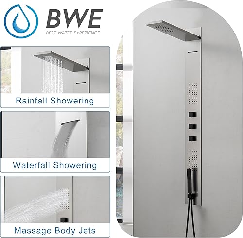 Miniatura 9 de BWE Sistema de torre de panel de ducha dorado pulido, sistema de ducha multifunción con chorros corporales, rociador de mano, cabezal de ducha