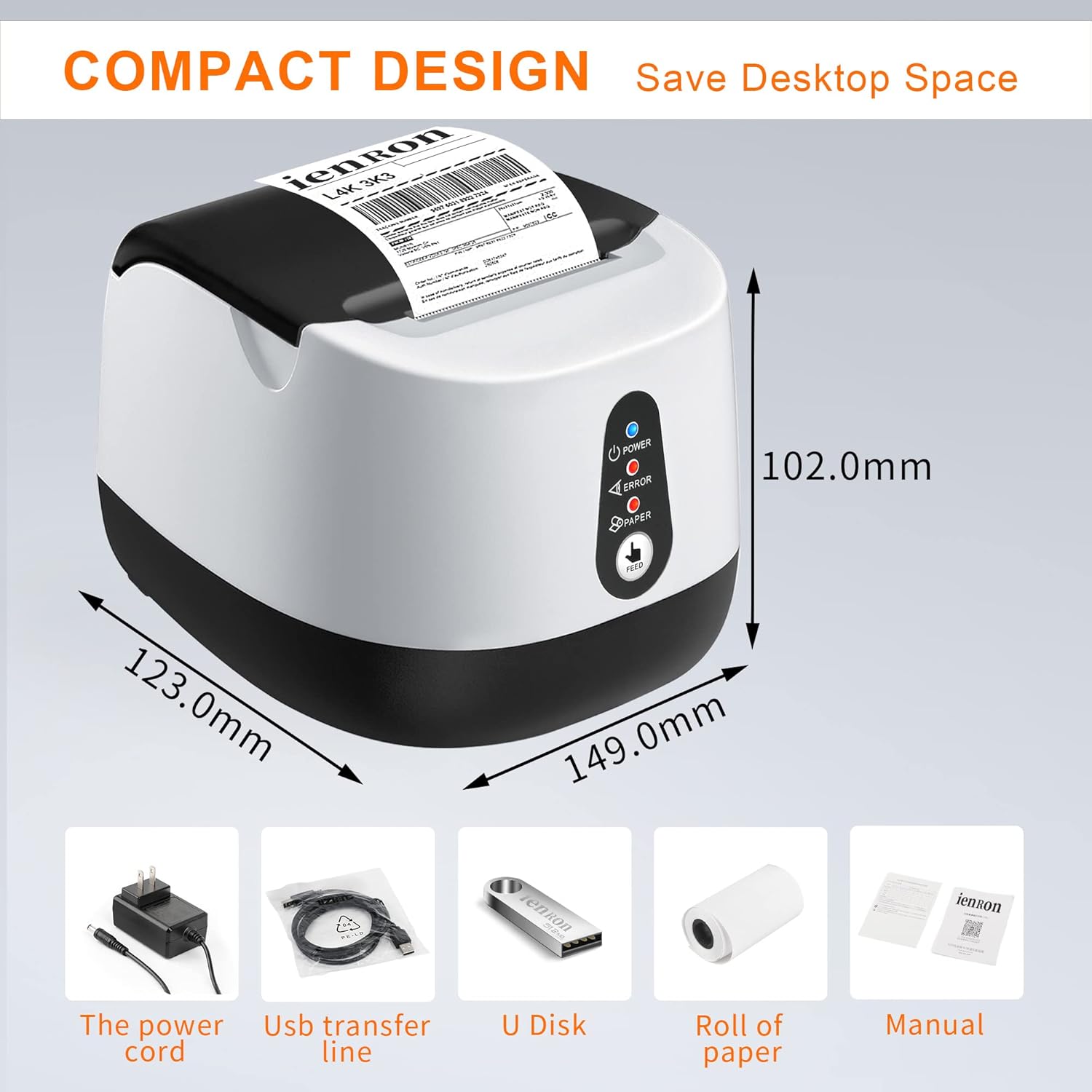 Image showing the ienRon thermal receipt printer along with its accessories: power cord, USB cable, U disk, a roll of thermal paper, and the user manual.