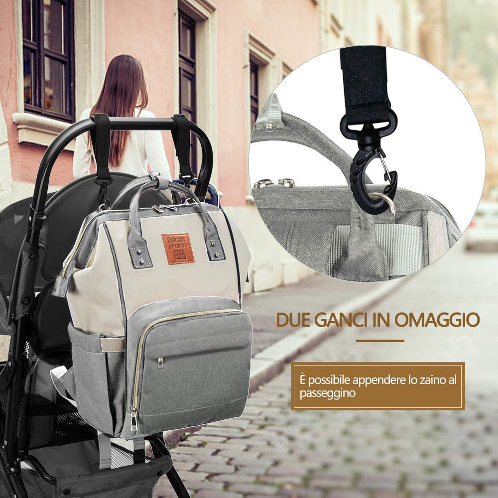 Zaino Multifunzione Mamma, Fasciatoio Neonati Impermeabile Grande Borsa Nappy Oxford 56L Con Fasciatoio 70x50cm in Omaggio +2 Ganci per Passeggino Grigio