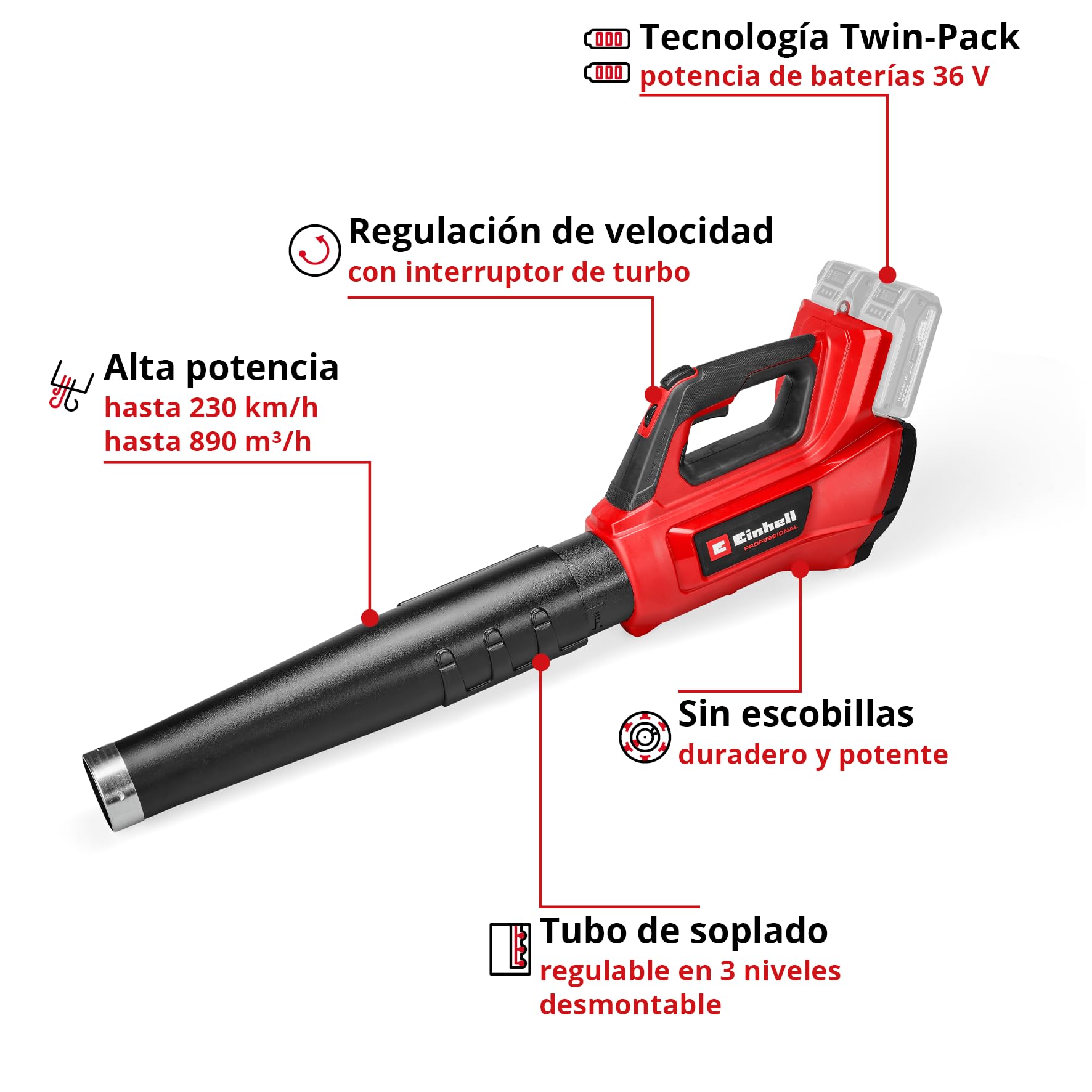 Einhell Professional Soplador de Hojas con batería GP-LB 36/230 Li E BL-Solo Power X-Change (36 V, 230 km, Velocidad del Aire, Brushless, regulación de Velocidad, Tubo en 3 Piezas, sin batería)