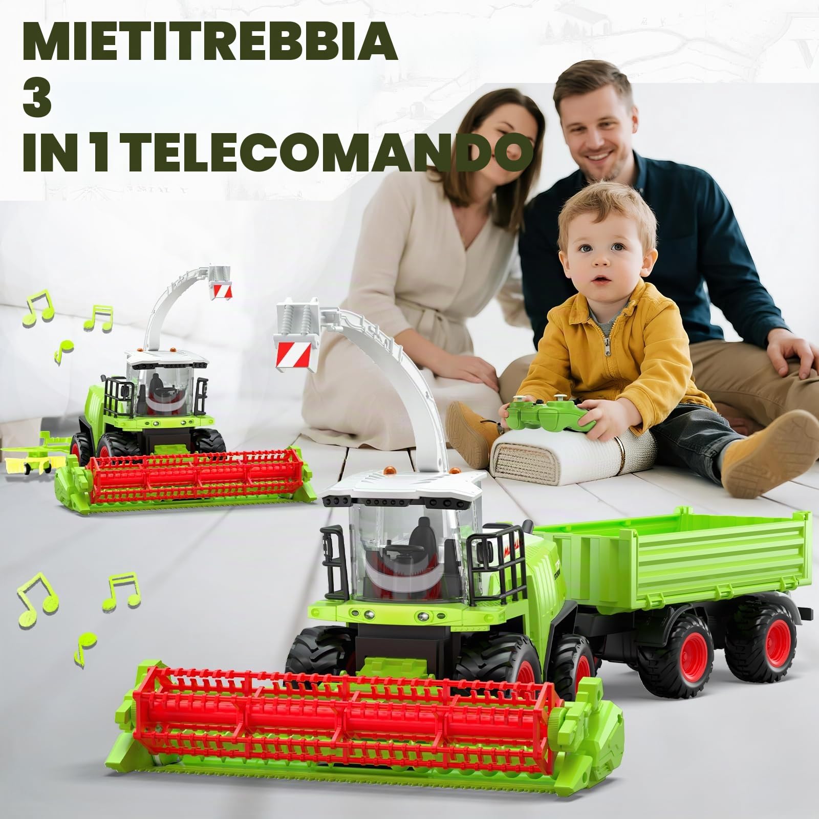 Mietitrebbia Telecomandata con Rimorchio, Trattore Giocattolo RC | Con luci e suoni realistici, gioco della fattoria e regalo di compleanno o Natale per bambini dai 3 anni