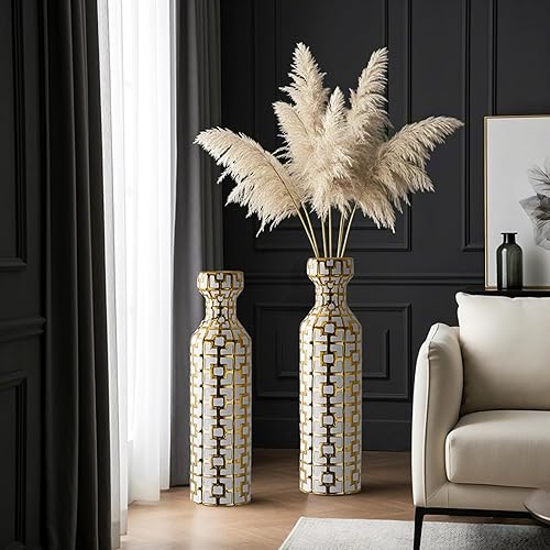 Miniatura 3 de Par de jarrones cilíndricos de cerámica de 24.4 pulgadas de alto con detalles geométricos dorados, florero grande, jarrón decorativo, jarrones