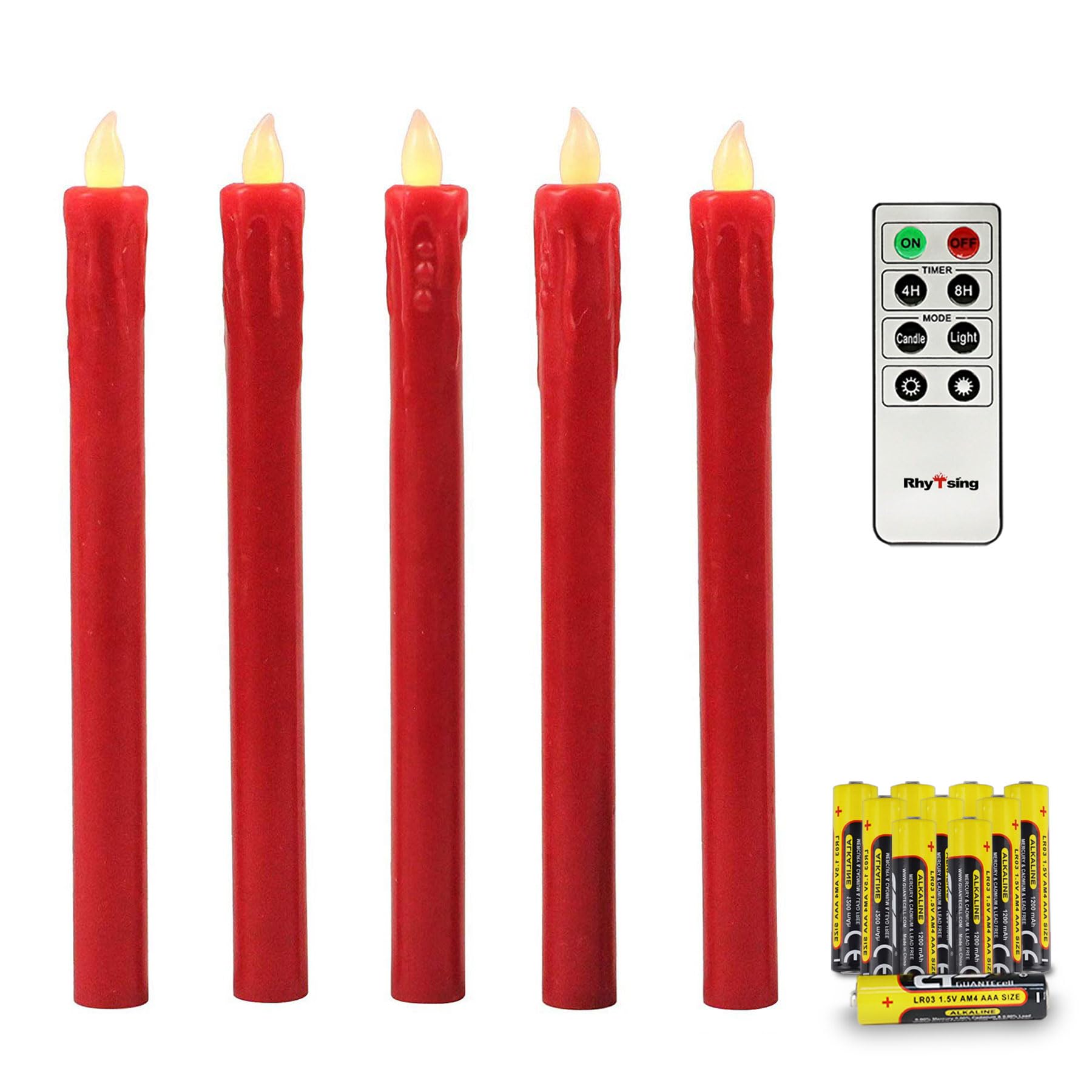 Rhytsing Set di 5 Candele a Led Rossa Coniche Cera Gocciolantecon Telecomando e Batterie, Natale Decorazione Luminosa Uso Interno H 25 cm