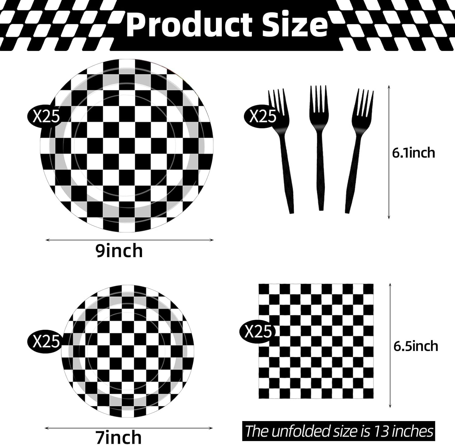 100 Pcs Racing Checkered Party Supplies Set, Serves 25 – Disposable Black and White Checkerboard Paper Plates, Napkins, and Forks, Race Car Themed Tableware for Birthday, and Racing Table Decorations - Image 2