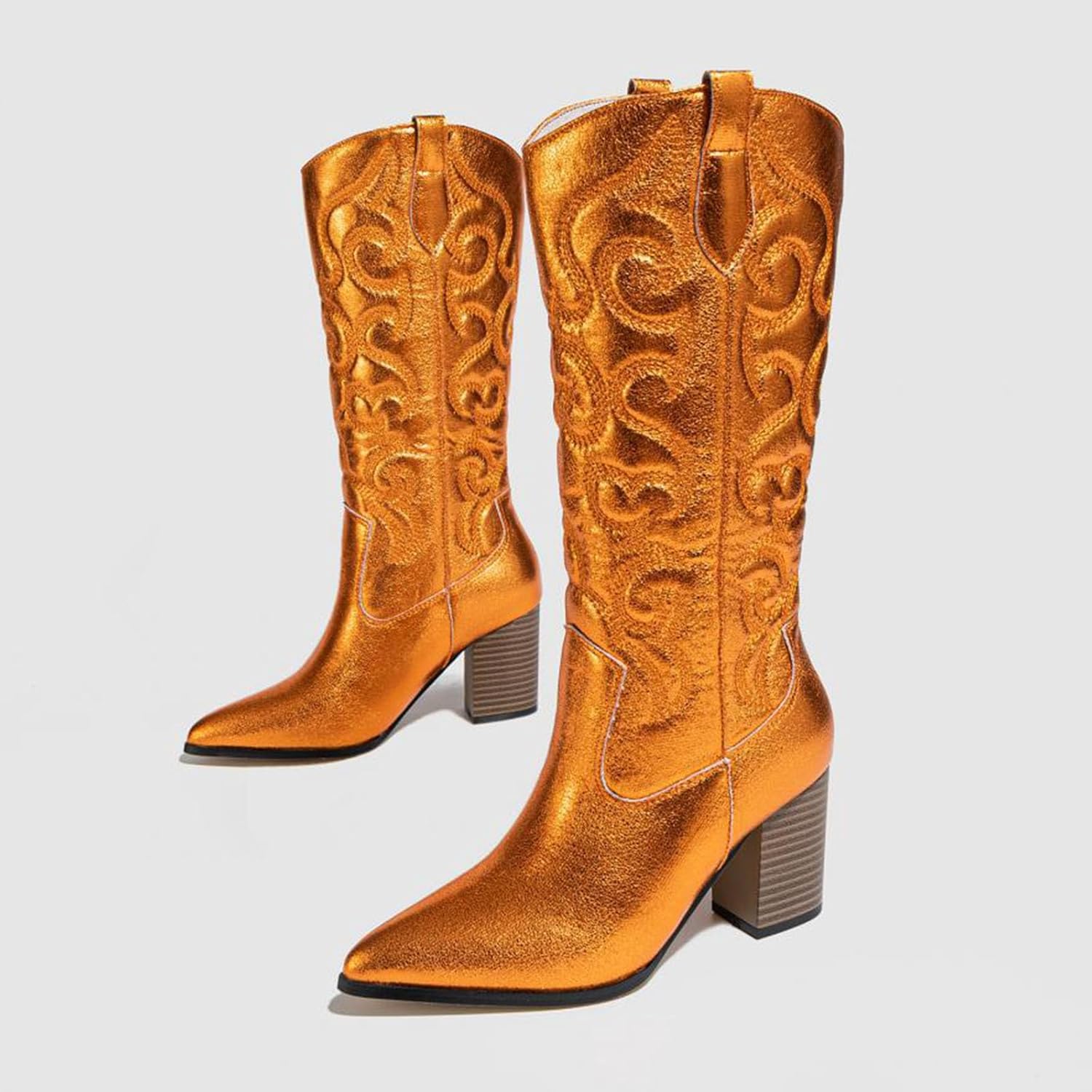 Women Western Cowboy Boots 2025 Knee High Pointed Toe Chunky Heel Pull On Zipper Embroidered Retro Classic Tall Boot Wet Metallic Country Vintage Boots