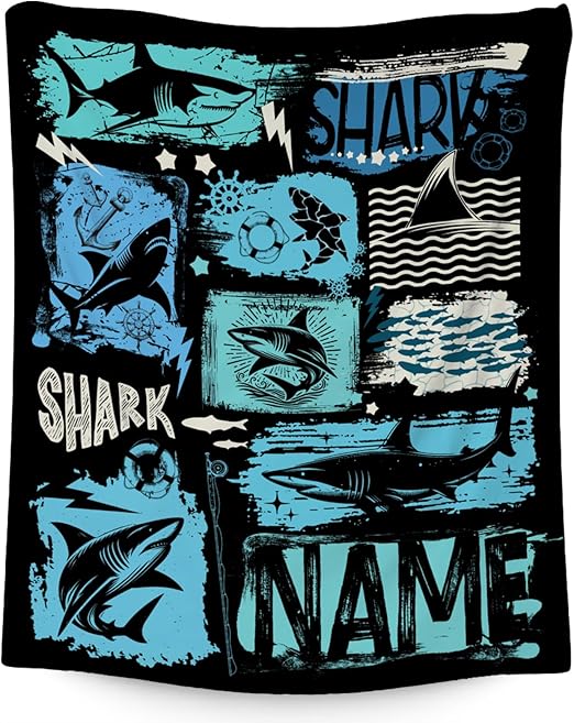 Custom Shark Blanket Kids - 50x60 Inches Cute Throw Blanket for Boys - Black Soft Fuzzy Blankets for Bed, Couch & Travel