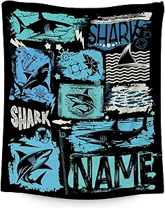 Custom Shark Blanket Kids - 50x60 Inches Cute Throw Blanket for Boys - Black Soft Fuzzy Blankets for Bed, Couch & Travel