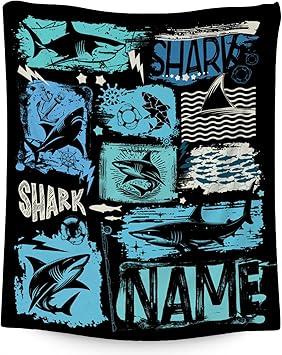 Custom Shark Blanket Kids - 50x60 Inches Cute Throw Blanket for Boys - Black Soft Fuzzy Blankets for Bed, Couch & Travel