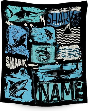 Custom Shark Blanket Kids - 50x60 Inches Cute Throw Blanket for Boys - Black Soft Fuzzy Blankets for Bed, Couch & Travel