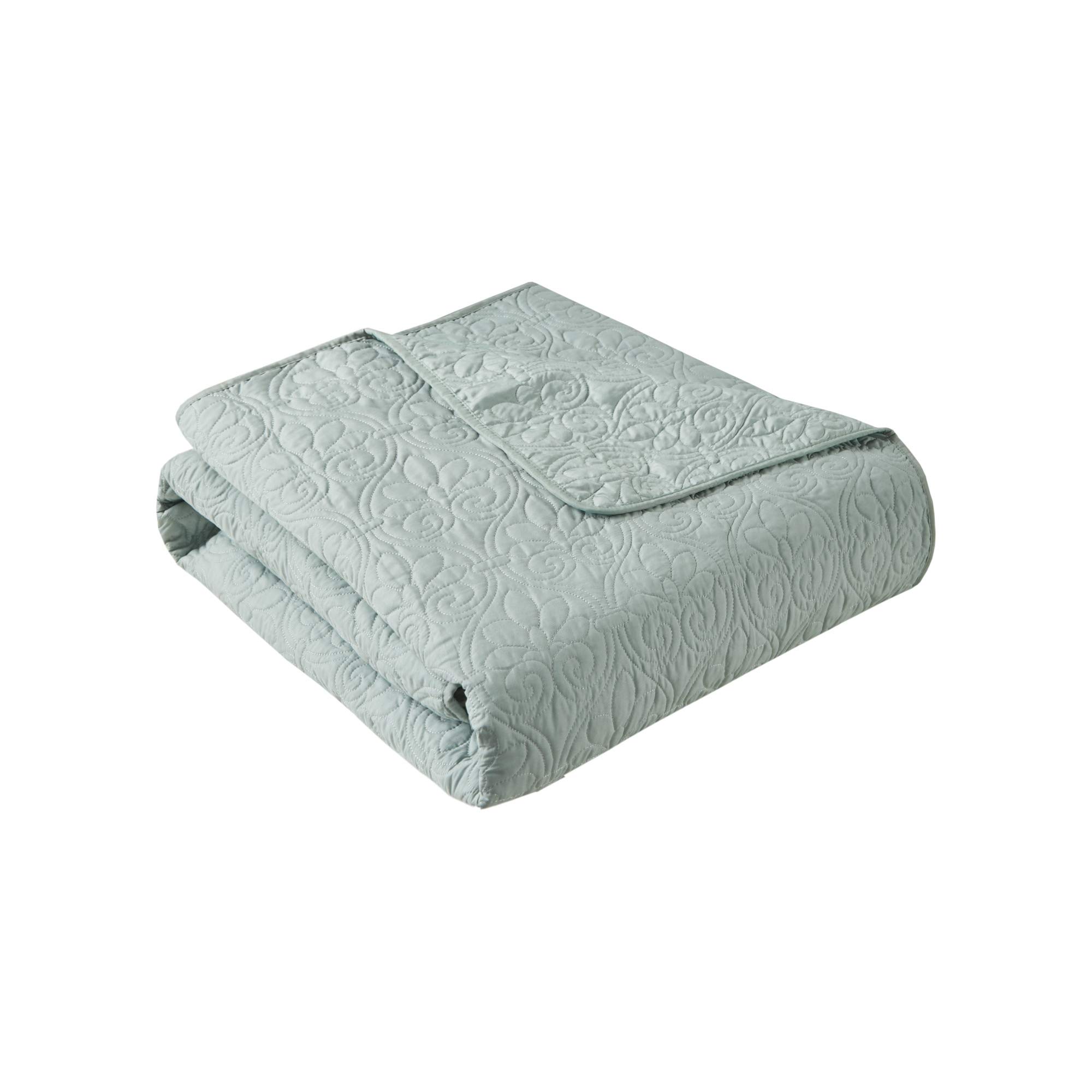 Madison Park Seafoam Luxe Quilted Throw Blanket - Damask Stitching Design, Cotton Filled Spread, Ultra Soft, Cozy Bedding For Living Room Couch, Sofa, Bed, 60X70, Piping Borders
