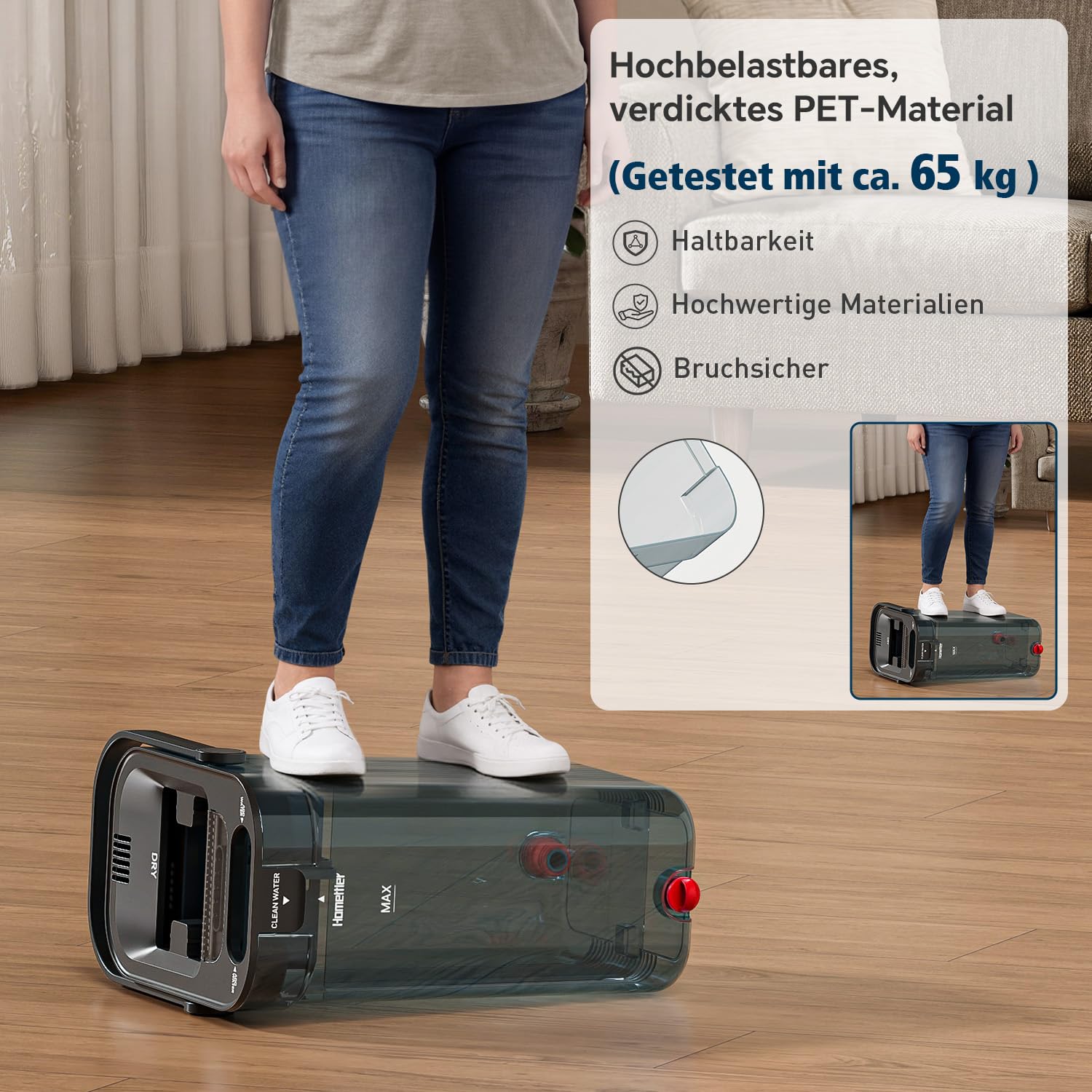 Homettler Transparentes Mopp- und Eimer-Set mit getrennten Behältern für Schmutz- und Sauberes Wasser, 165 cm Langer Flachmopp zur Bodenreinigung, 4 Mikrofaser-Pads für Holz und Fliesen