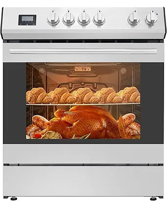 30" Electric Oven, Freestanding Range, 4 Sealed Burners, 5cu. Ft. Capacity, Slide-In Convection Oven, Easy Reach Racks, Touch Panel, Stainless Steel