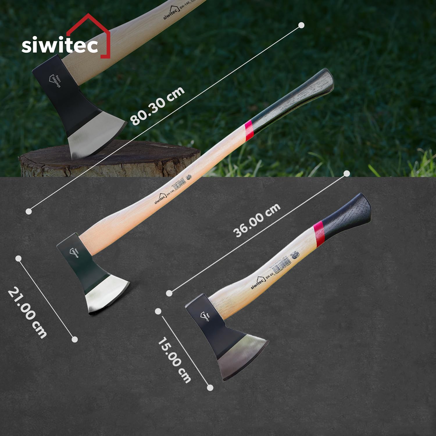 siwitec Holzaxt Set, 600 & 1400 Gramm Kopfgewicht, Spaltaxt für Holz, Camping & Survival Axt