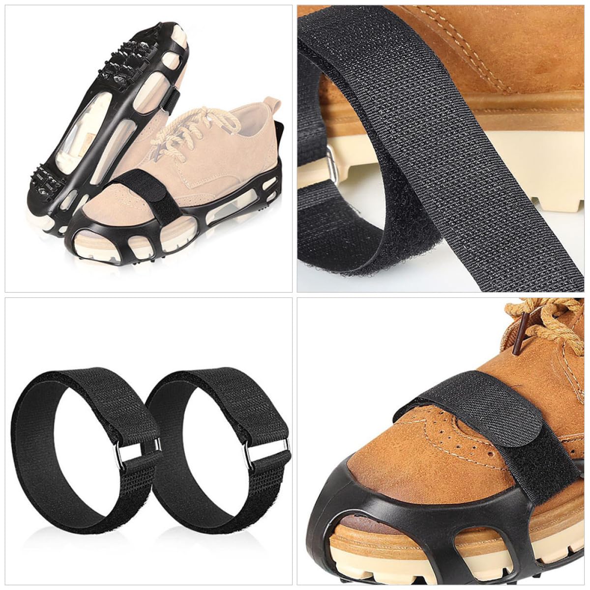 Uonlytech Crampones Antideslizantes para Zapatos y Botas, 4 Pares, Nylon y Metal, Correas Ajustables, para Senderismo y Terrenos