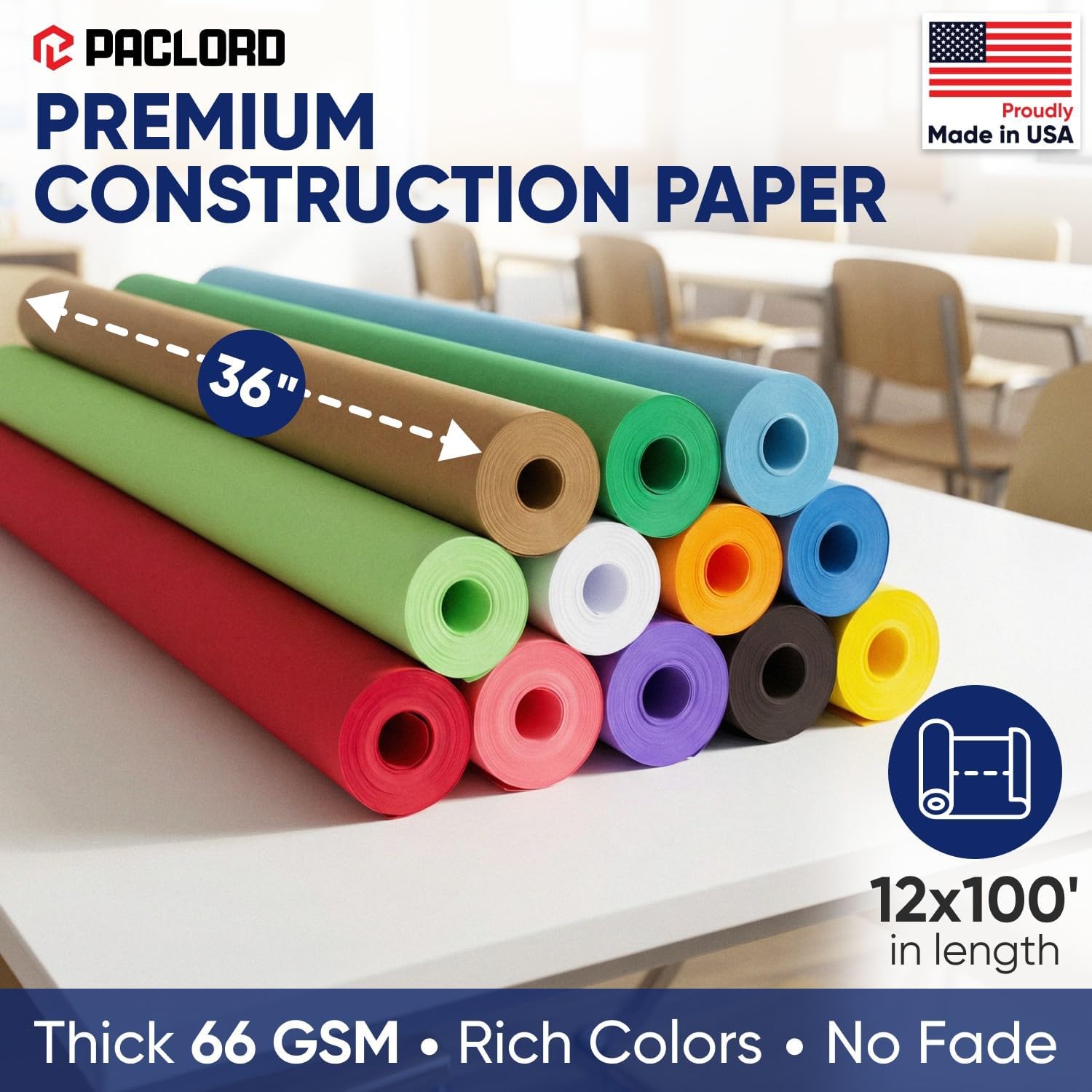 Multi-Color Construction Paper Set 36" x 100 ft – 12 Colors, Made in USA – Bulletin Board Paper for Classrooms, School & Arts Crafts