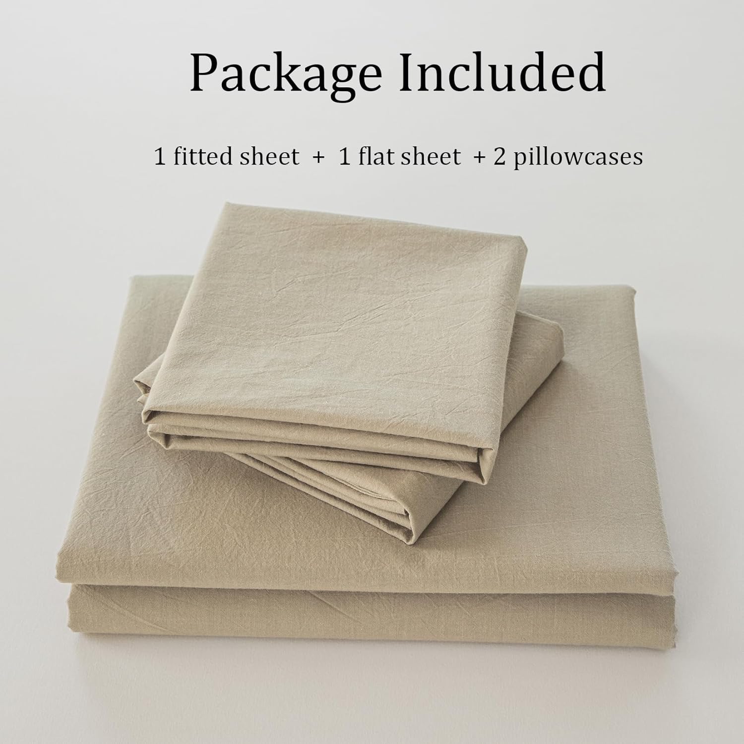 Bedding Sheet Set 4 Pcs,100% Washed Cotton Linen Like,1 Fitted Sheet,1 Flat Sheet and 2 Pillowcases,Comfy Textured Sheet Set(Beige,King)