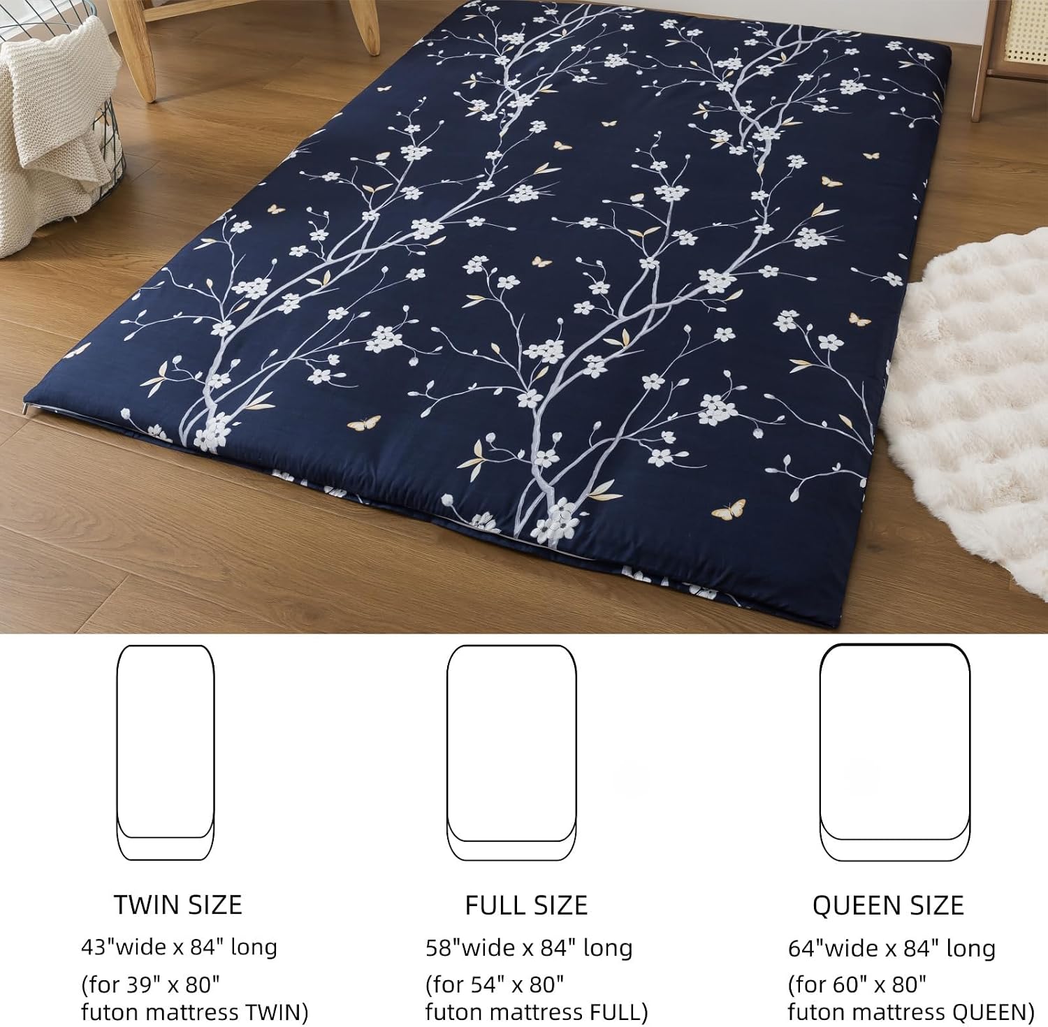 100% Microfiber Futon Cover for Japanese Futon Floor Mattress with Zipper Twin Full Queen Machine Washable Super Soft (Navy Floral, Twin)