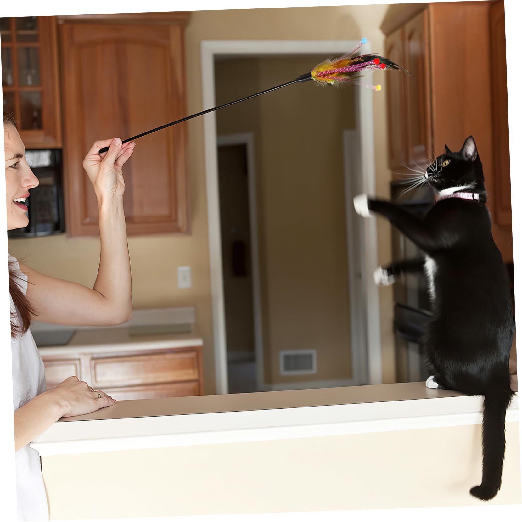 POPETPOP Cat Interactive Pack 4 Pcs Cat Feather Teaser Toys Bell -Skid for Active Play Random