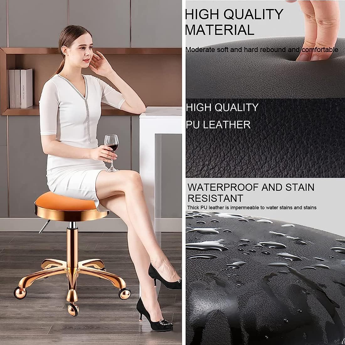 Taburete ajustable de cuero con ruedas, silla giratoria resistente con ruedas de acero inoxidable para cocina, oficina, dibujo y uso en laboratorio, taburete perfecto para salón de belleza
