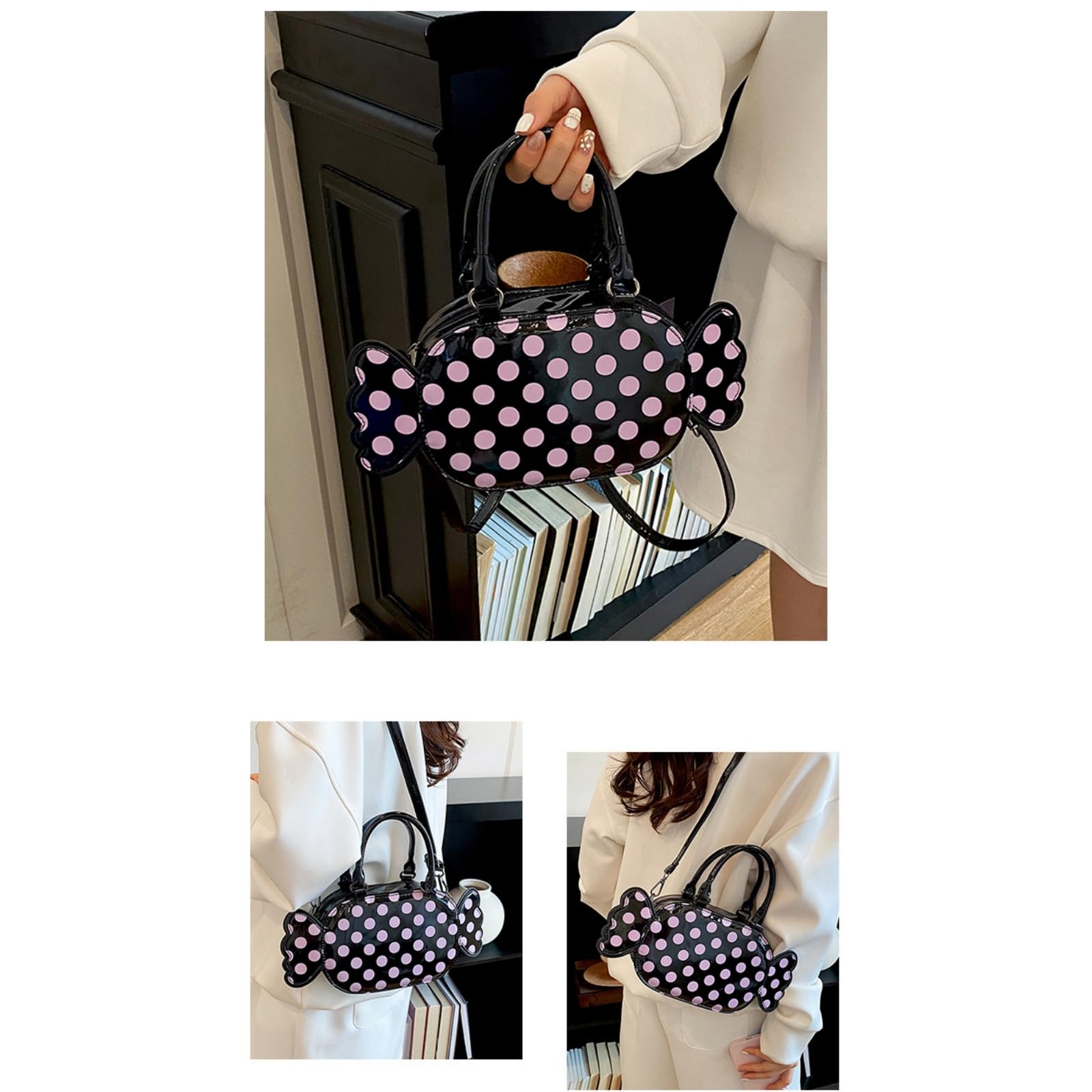 Borsa Elegante A Tracolla da Donna Pois Mano E di Grande capacità-Bianco
