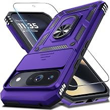 Janmitta Case Compatible with Google Pixel 9/9 Pro Built in Slide Camera Lens Cover+Screen Protector+Finger Ring Holder Kickstand,Heavy Duty Shockproof Full Body Protective Phone Cover,Purple
