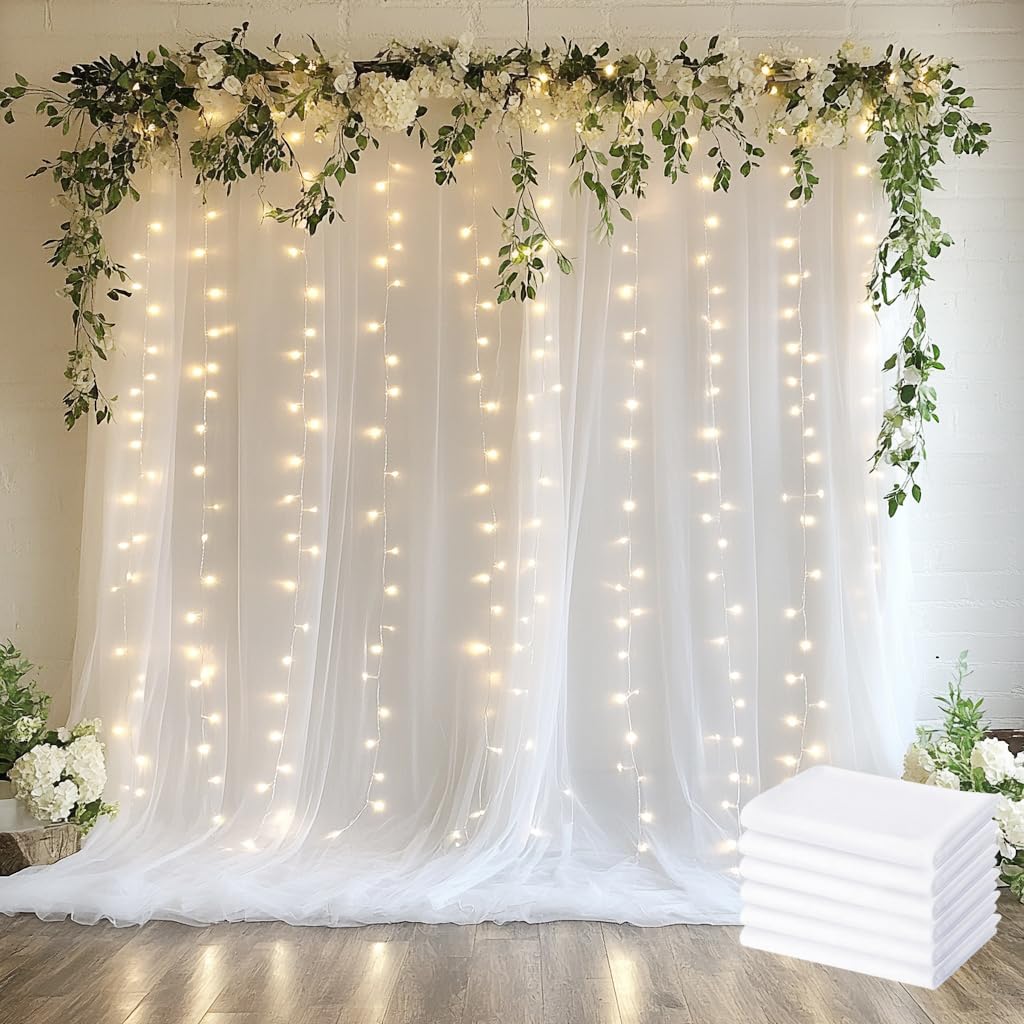 Xiomot Tulle Backdrop Curtain with Lights String 30 X 8FT White Sheer Tulle Backdrop Curtains for Wedding Birthday Party Reception Photo Booth