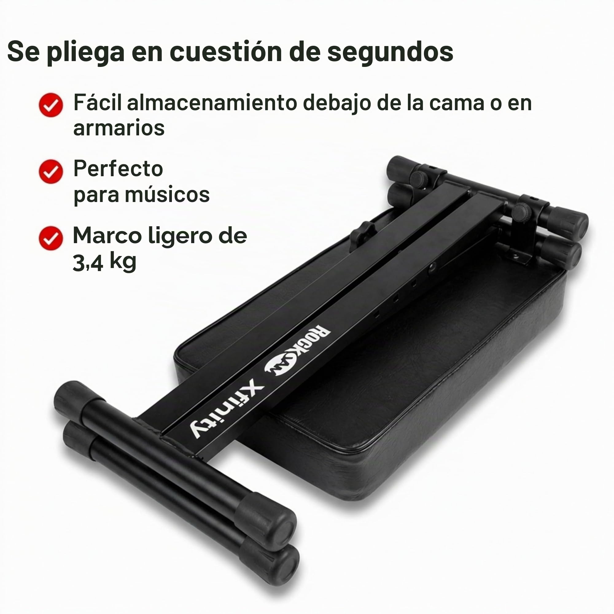 RockJam Banco de Piano Ajustable/Taburete de Teclado, Asiento Grueso Acolchado, Marco X Plegable, 4 Alturas, Acero Resistente