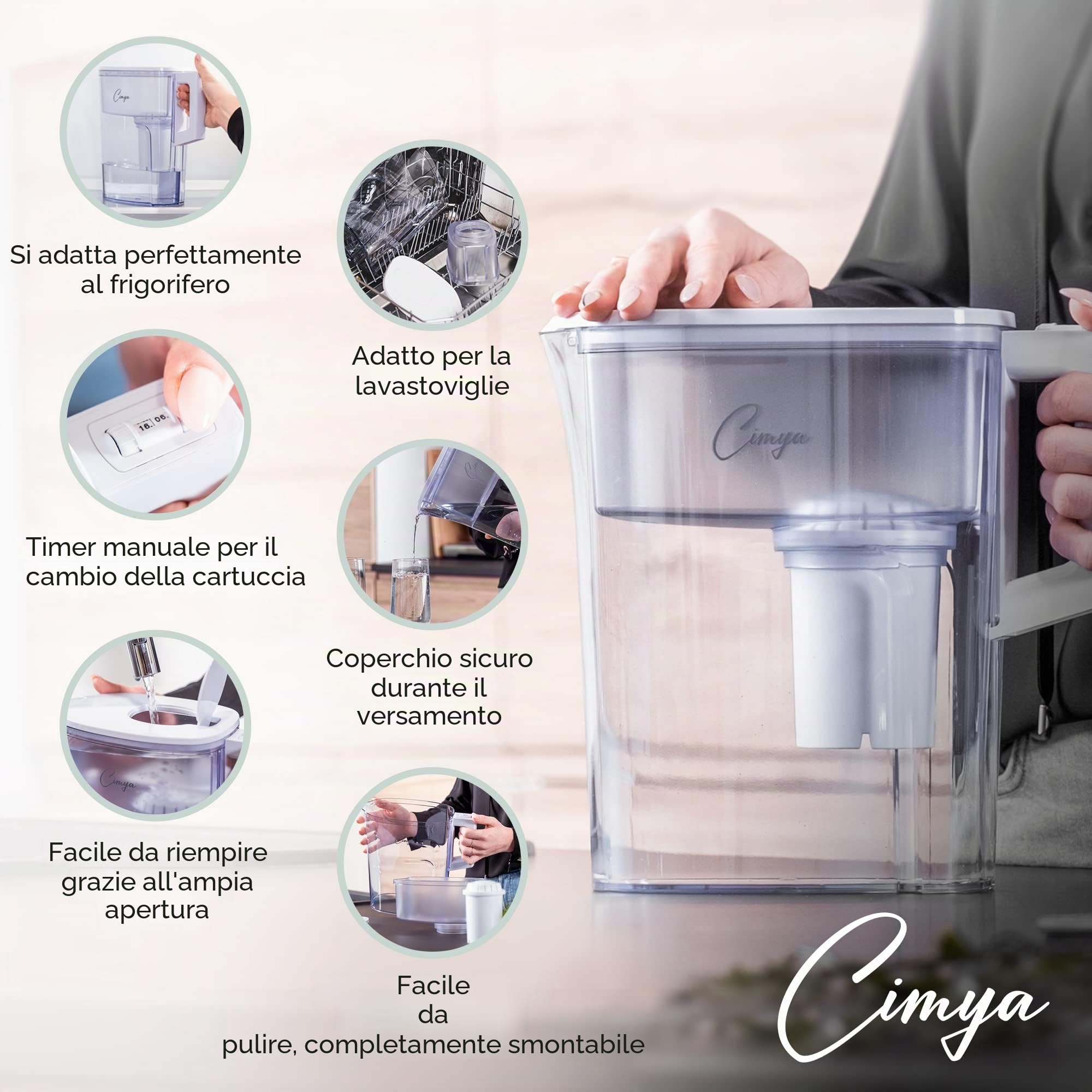 Filtro per acqua potabile, filtro 2,4 litri + cartuccia filtro 1 x 2 mesi, carbone attivo, ammorbidito, calce, cloro, pesticidi e batteri, aumenta il pH (bianco)