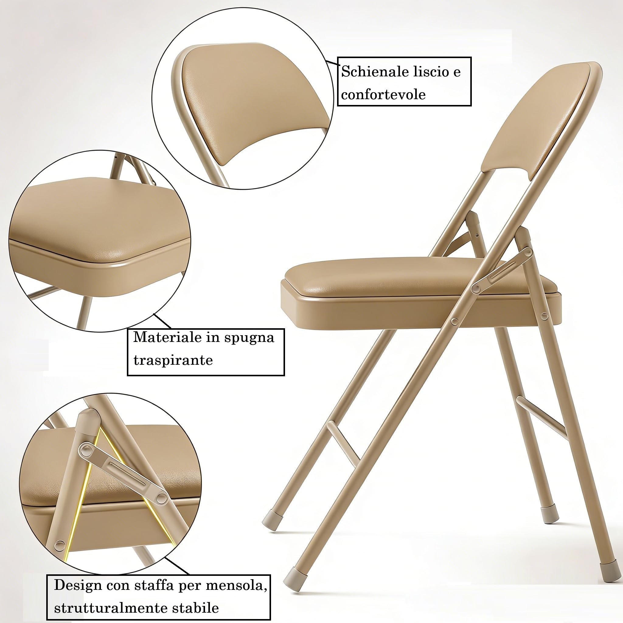 Set di 4 Sedie Pieghevoli, Imbottite, Portata Fino a 160 kg, Comodo ed Stabili Sedia Pieghevole per Giardino, Esterno, Campeggio, Balcone Interni, Ufficio, Feste, Cachi