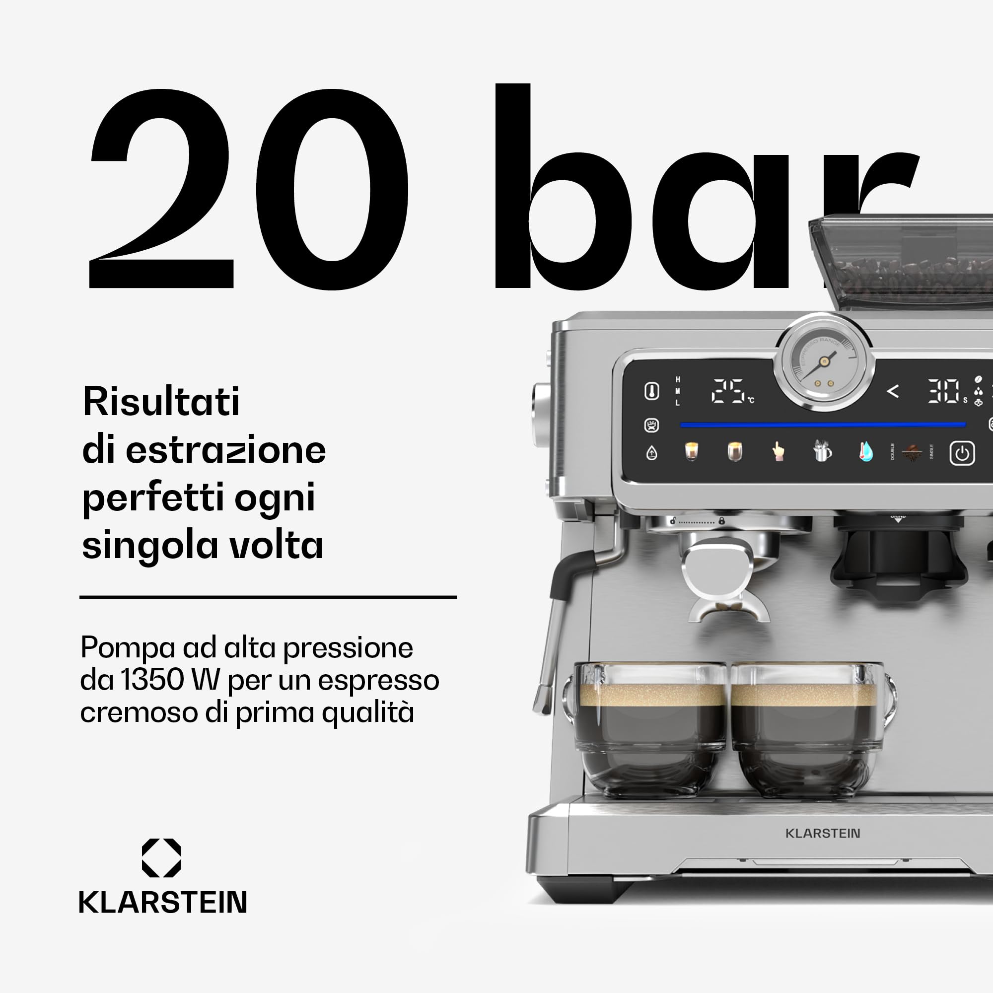 Klarstein GrandPresso Touch - Macchina da Caffè Espresso, 20 Bar, Macinino Integrato, Display Touch, Serbatoio da 2,3L, Acciaio Inox, Funzione Vapore, Senza Capsule, Personalizzazione delle Bevande