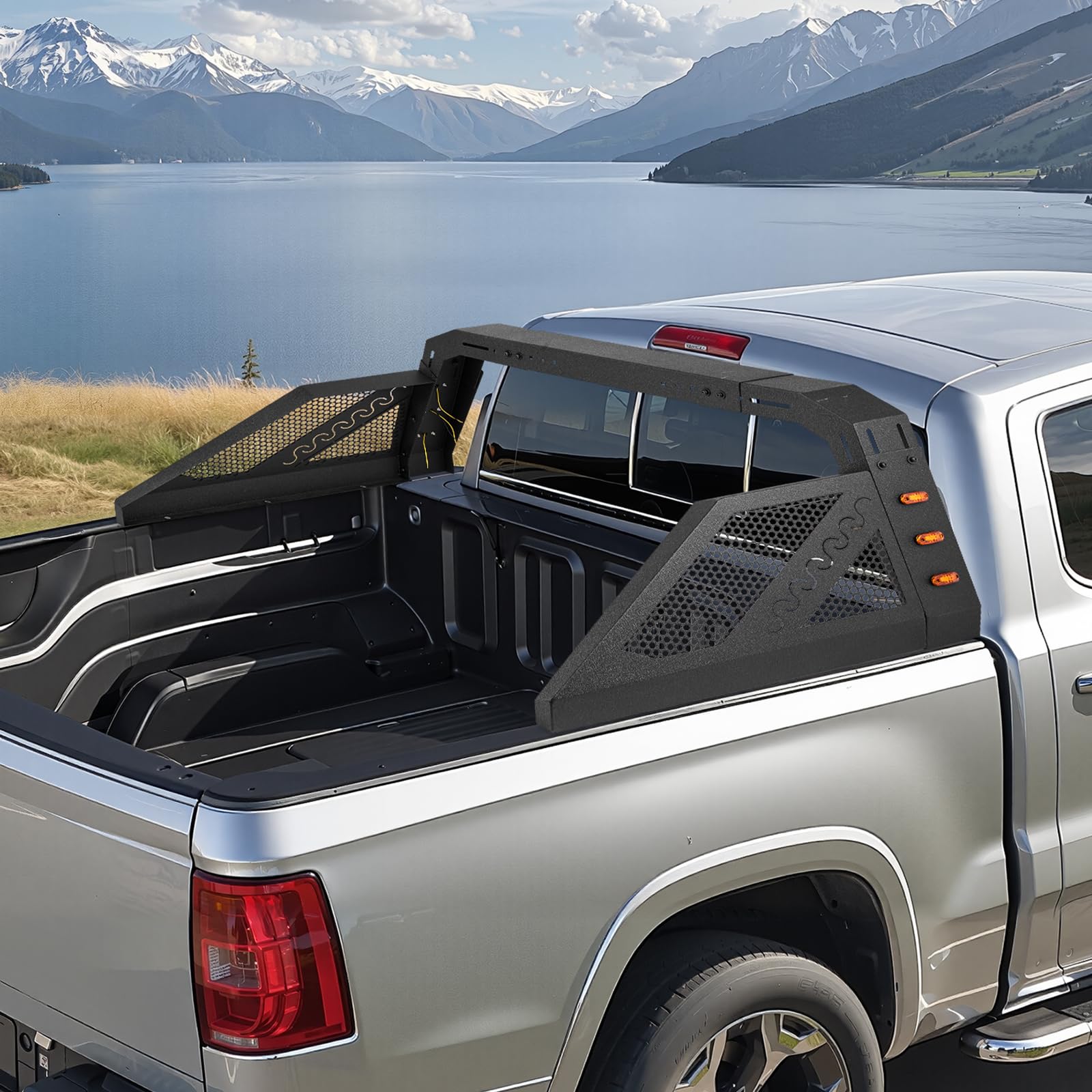 VEVOR Überrollbügel aus Karbonstahl Chase Rack für die Ladefläche, universeller Pickup Sport-Überrollbügel mit 6 bernsteinfarbenen Zusatzscheinwerfern für Pickups in Voller Größe (kein Träger)