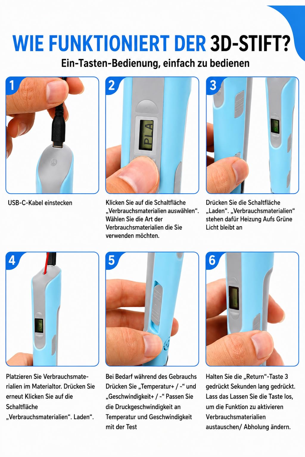 3D Stift für Kinder, 3D Stift Set, 3D Pen, Mit 15 Farben und 75 m Filament, + Malbuch