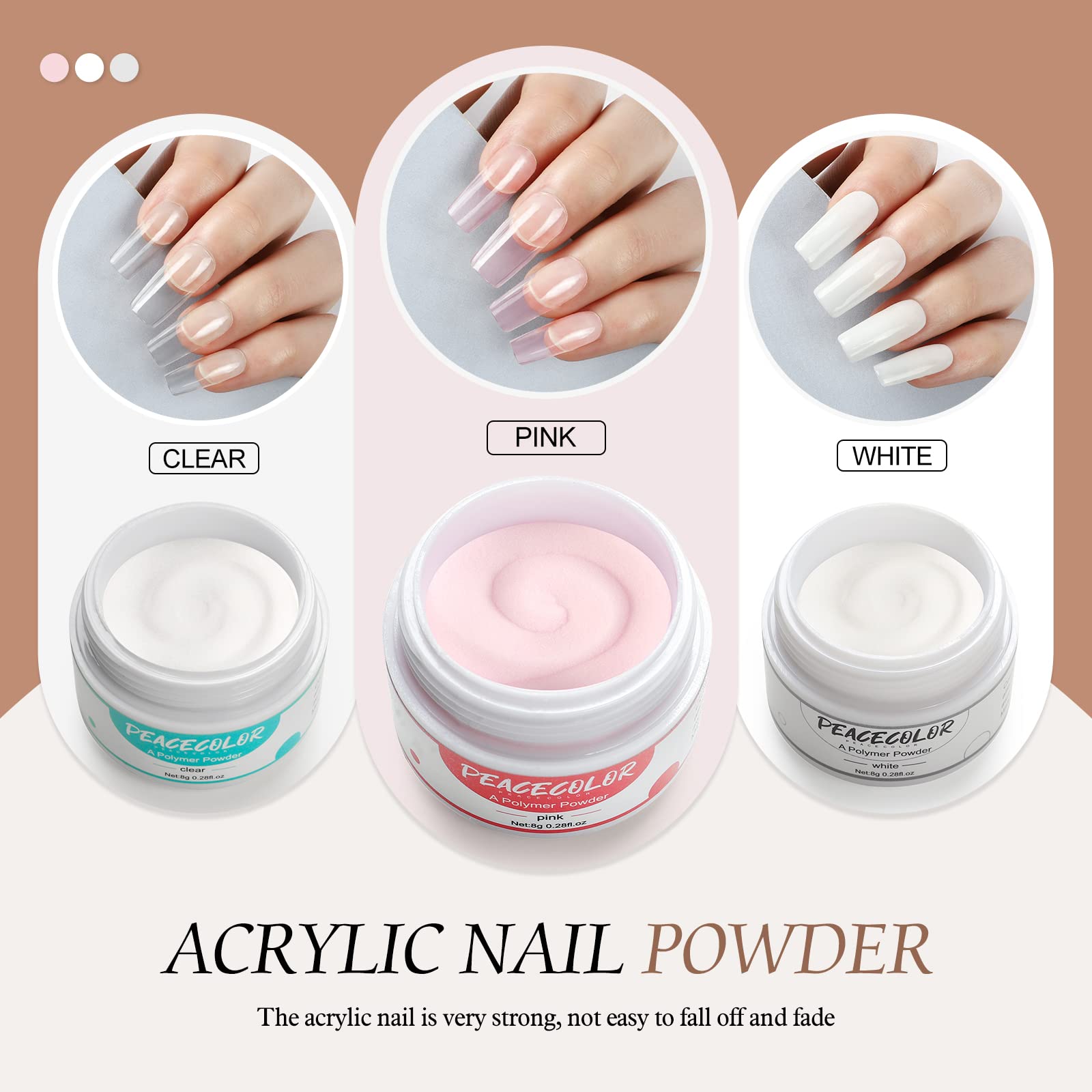 PEACECOLOR Kit Complet Acrylique Ongles, 3Pcs Poudre Acrylique pour Ongles Clair Blanc Rose Resine Ongle Poudre avec Liquide Acrylique Pinceau et Chablon Nail Art Kit Acrylique Ongles
