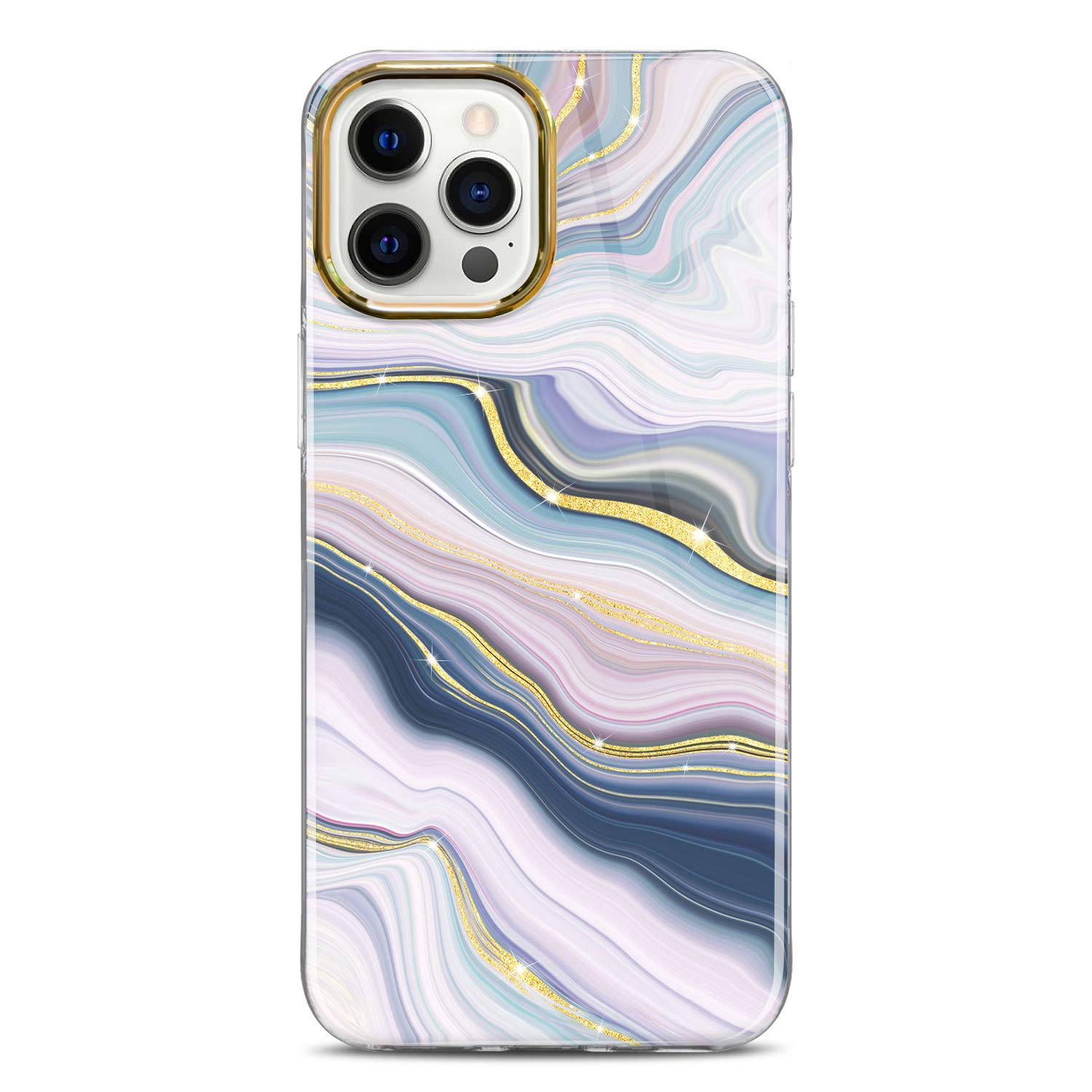 JIAXIUFEN Coque En Marbre à Paillettes Dorées Compatible Avec IPhone 12 Pro Max Coque Arrière Rigide Avec Pare-chocs En TPU Souple Antichoc Pour IPhone 12 Pro Max 6,7 Pouces Violet Bleu