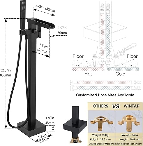 Miniatura 6 de Llenador de bañera independiente de montaje en piso, grifo de bañera de alto caudal, relleno de baño en cascada, grifo de baño negro mate con ducha